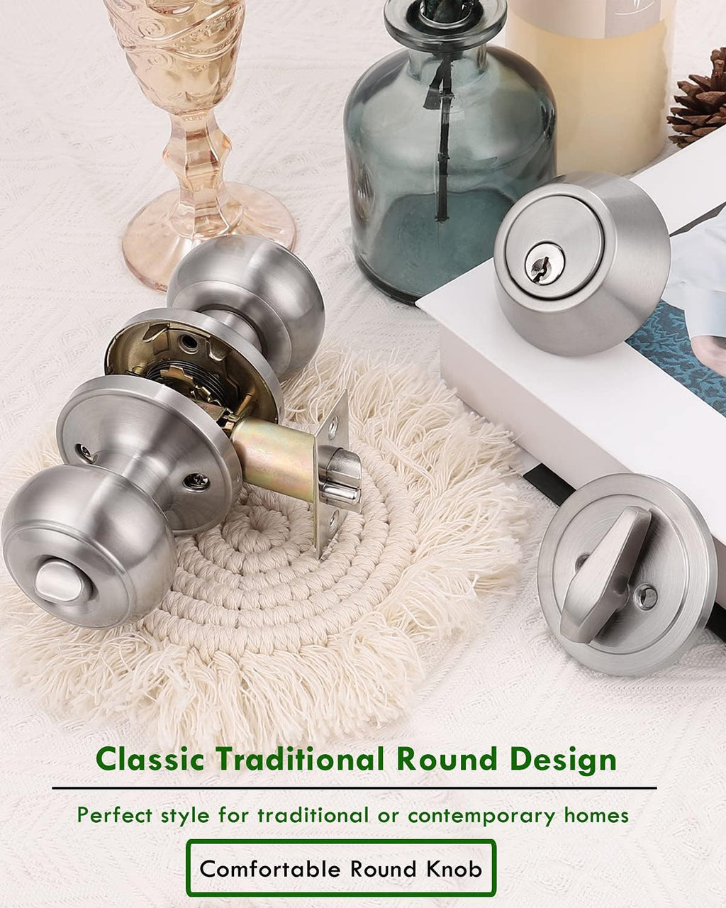 4 Pack Satin Nickel Entry Door Knob and Single Cylinder Deadbolt Combo Pack H28330