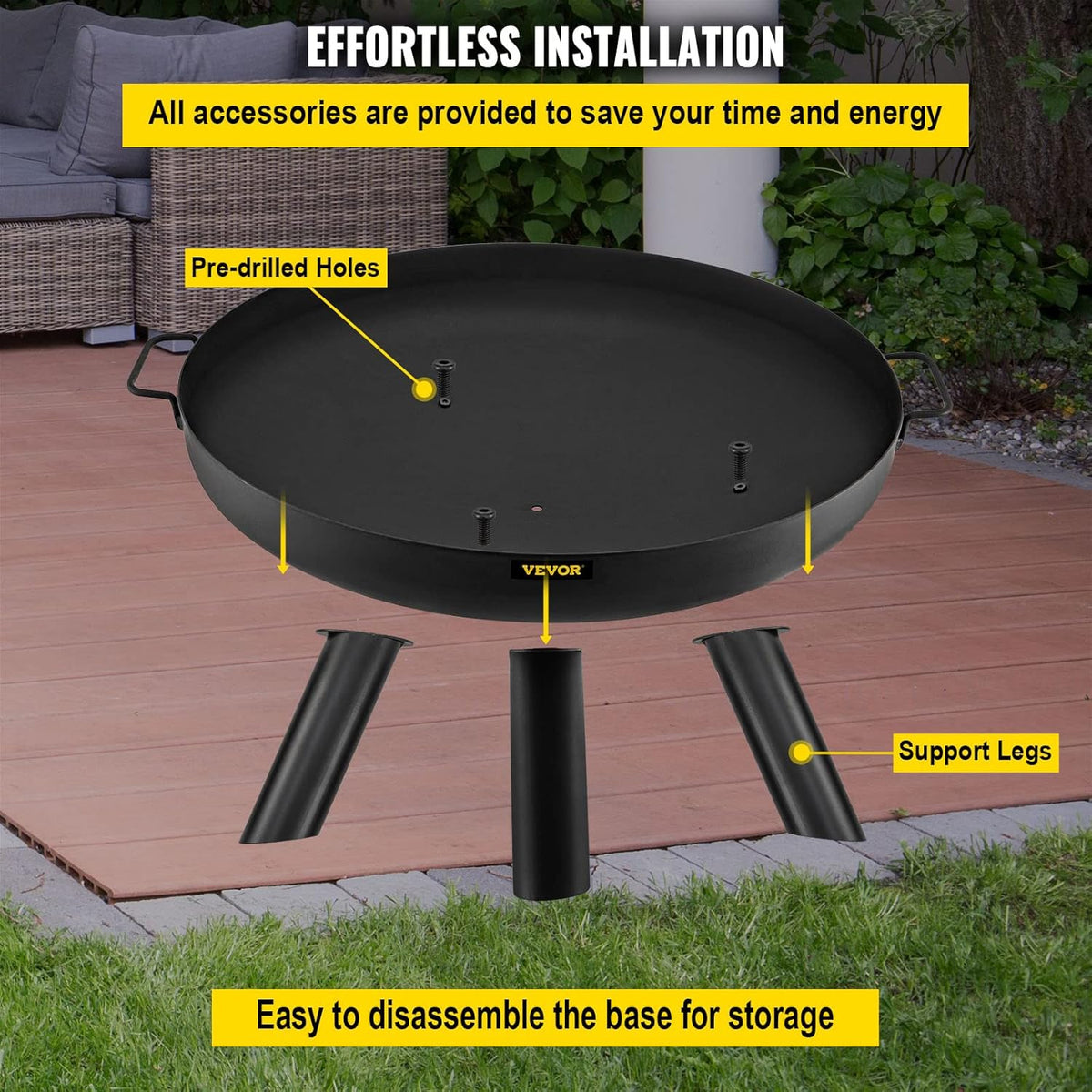 28-Inch Round Carbon Steel Fire Pit Bowl with Drain Hole and Handles W854