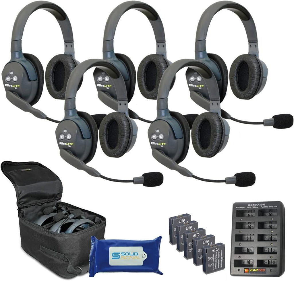 UL5S Ultralite Full Duplex Wireless Headset Communication for 5 Users - 5 Single Ear Headsets with Solid Signal Cleaning Wipes Bundle W53785