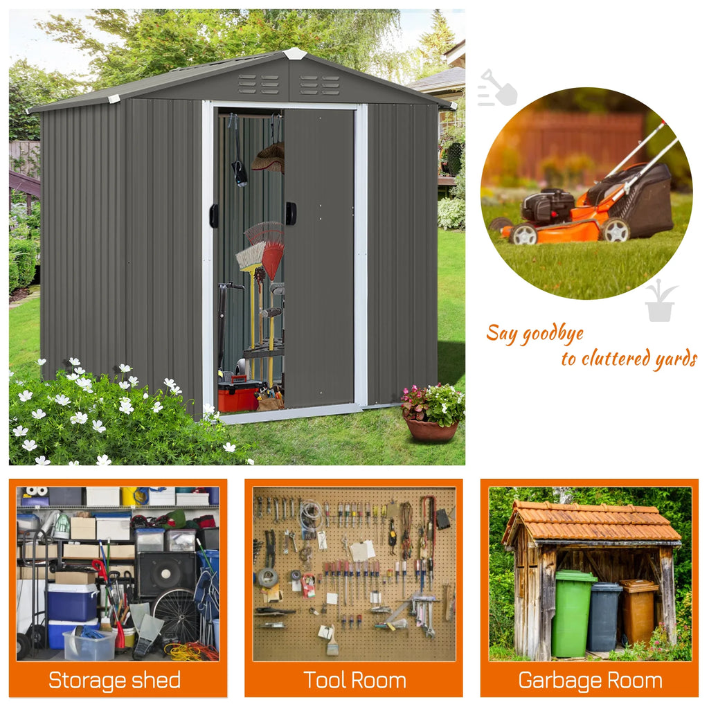 6x4 ft Galvanized Steel Outdoor Storage Shed with Sliding Door F2114