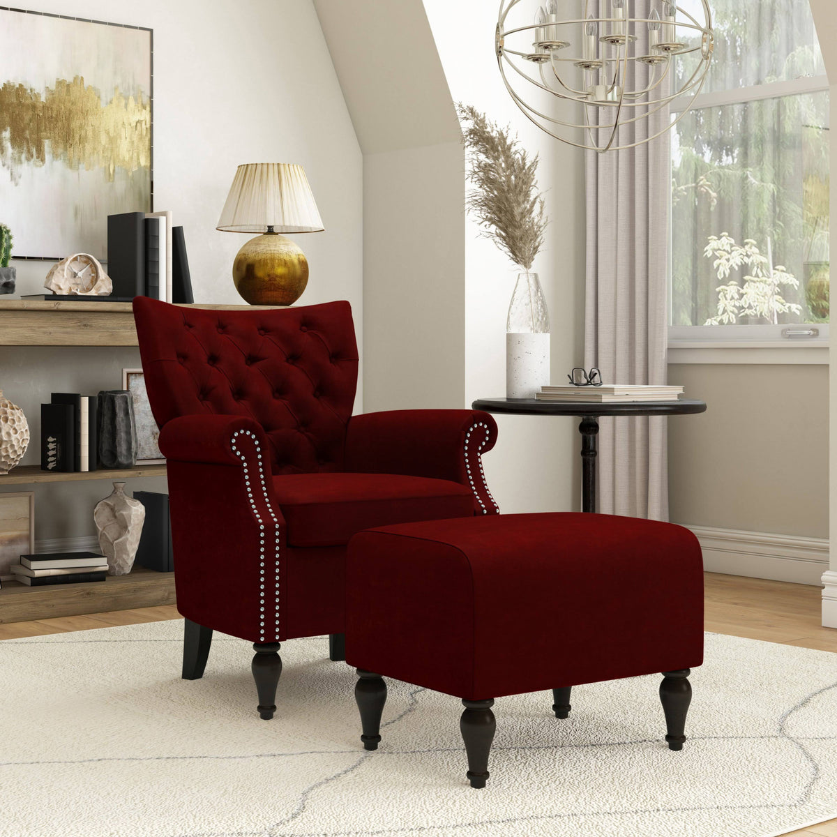 Button Tufted Rolled Arm Chair and Ottoman Charcoal Gray Velvet A8392