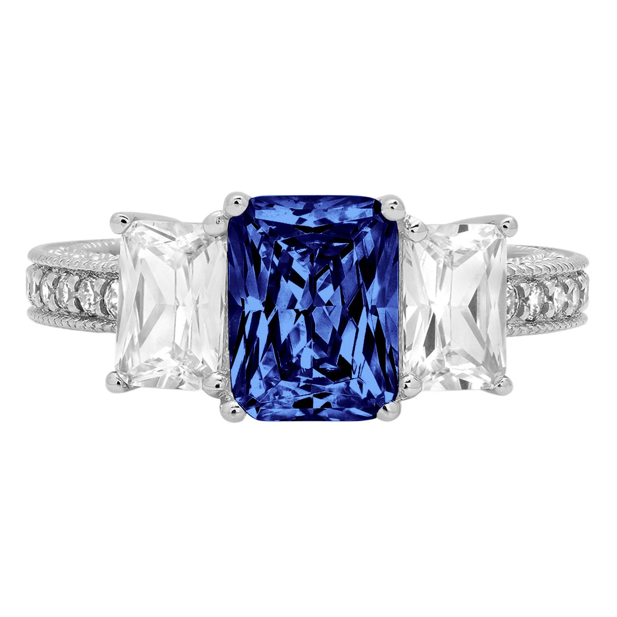 18k White Gold Three-Stone Ring with Blue Simulated Tanzanite Z7760