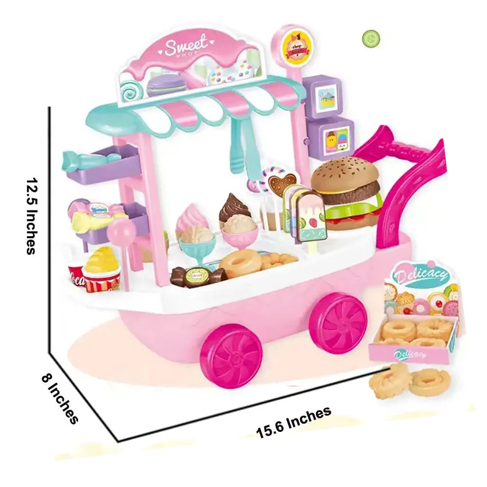 Dessert Candy Trolley Kitchen Toy Set with Umbrella Food Dishes Kids Educational Pretend Play Cooking Truck L23638