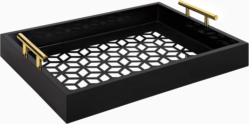 Navy Blue and Gold Rectangle Decorative Tray with Metal Handles H86325