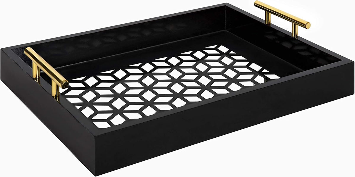 Navy Blue and Gold Rectangle Decorative Tray with Metal Handles H86325