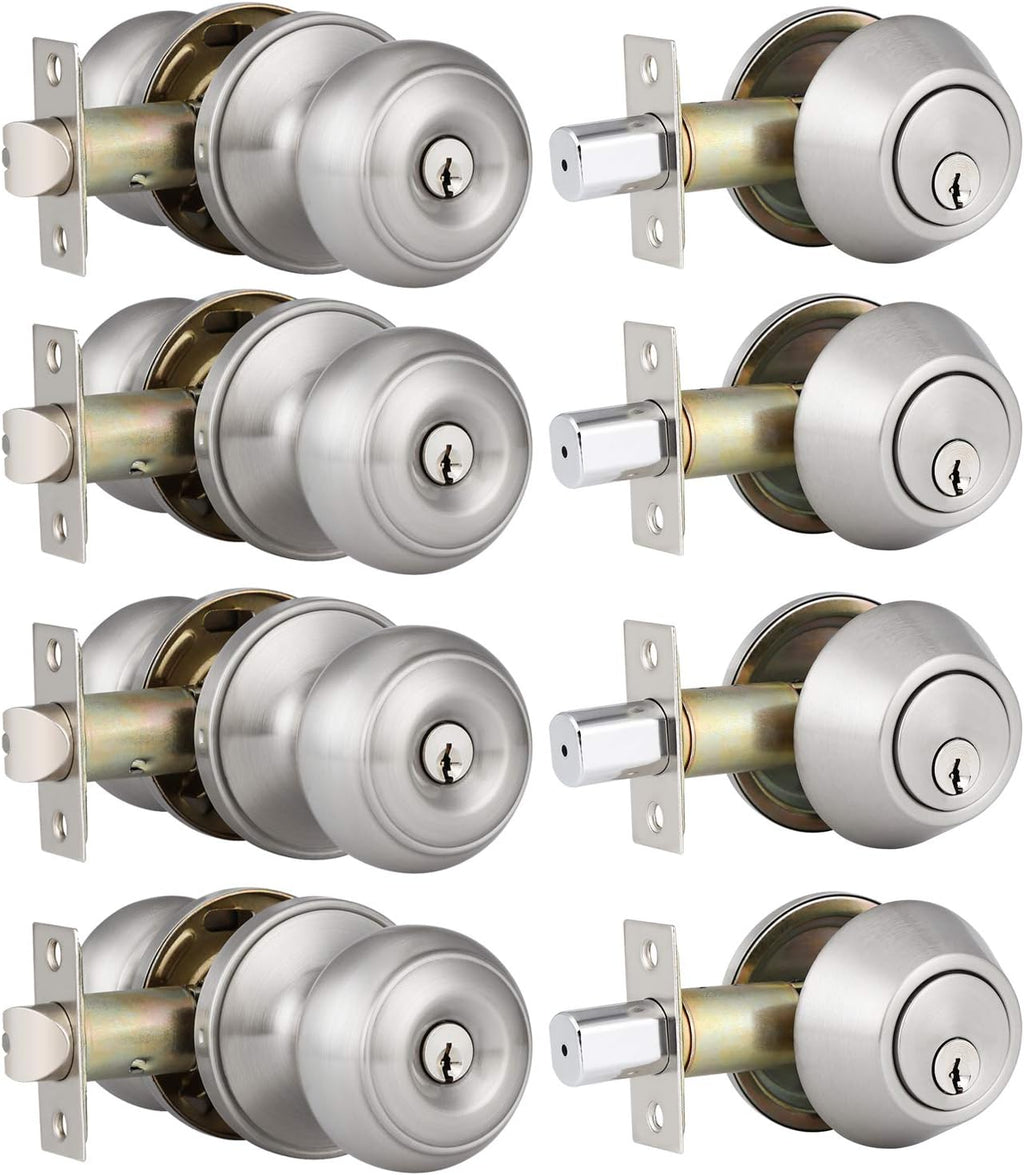 4 Pack Satin Nickel Entry Door Knob and Single Cylinder Deadbolt Combo Pack H28330