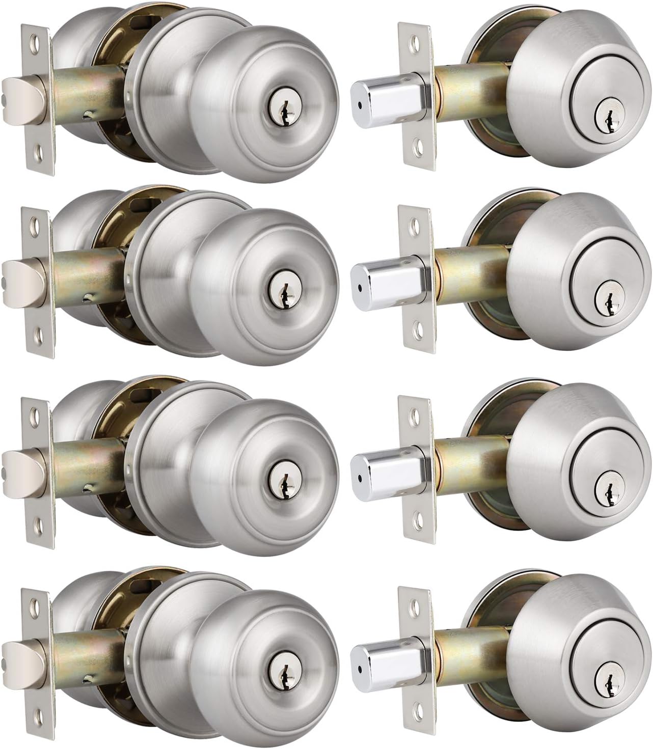 4 Pack Satin Nickel Entry Door Knob and Single Cylinder Deadbolt Combo Pack H28330
