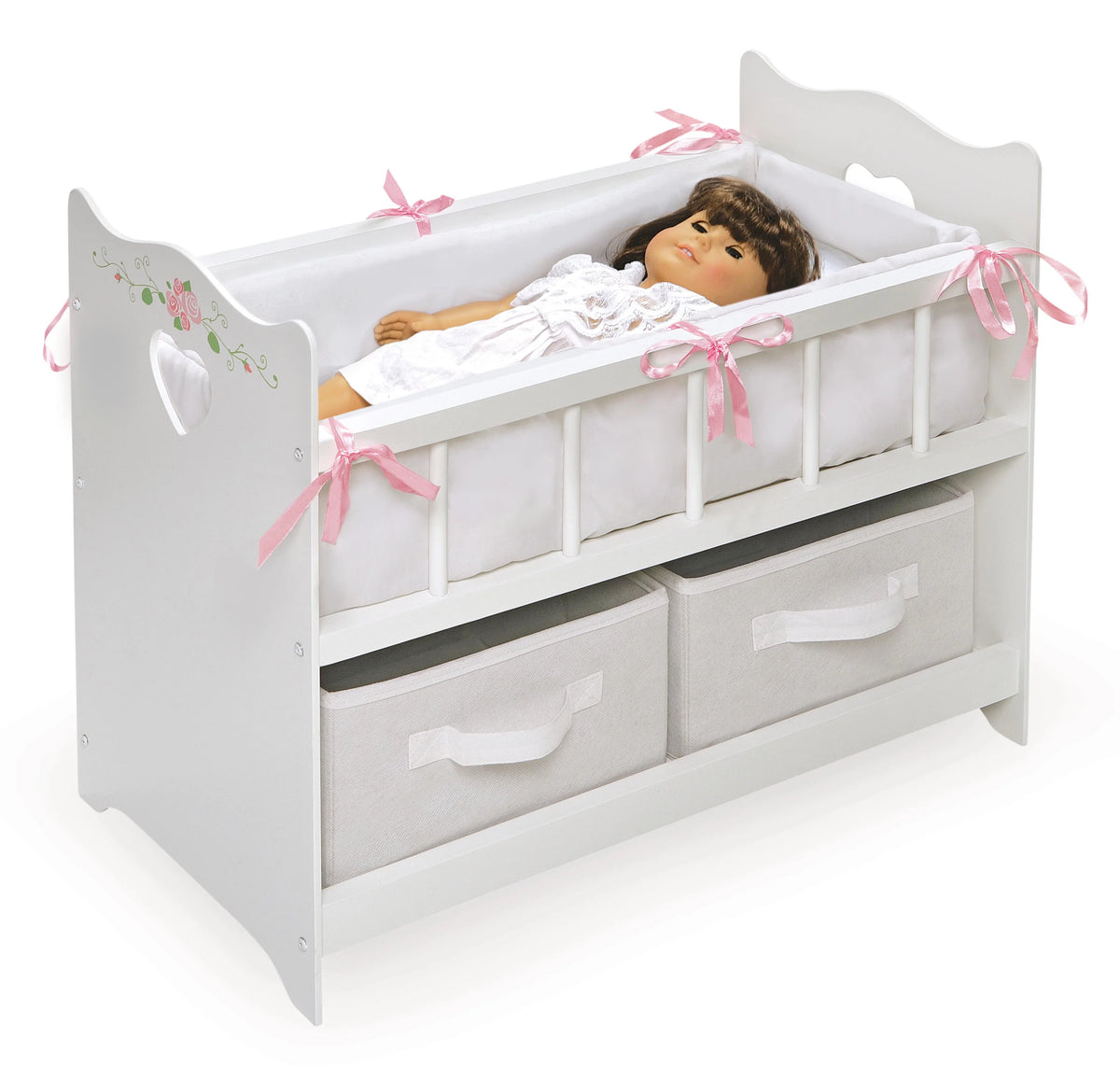 White Rose 100% Polyester Fabric Doll Crib with Two Baskets T96341