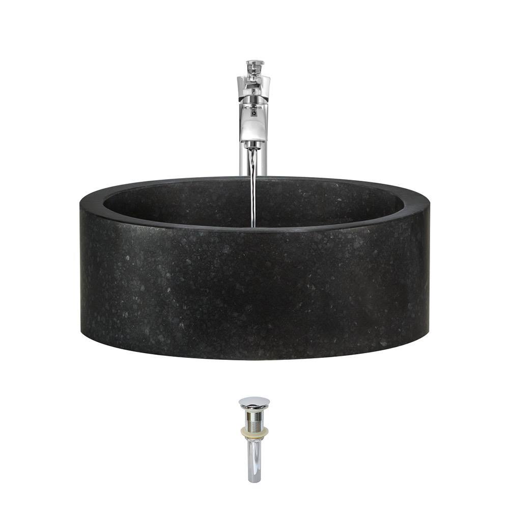 Honed Basalt Vessel Sink Ensemble with Chrome Finish Faucet, Pop-Up Drain, and Sink Ring L895403