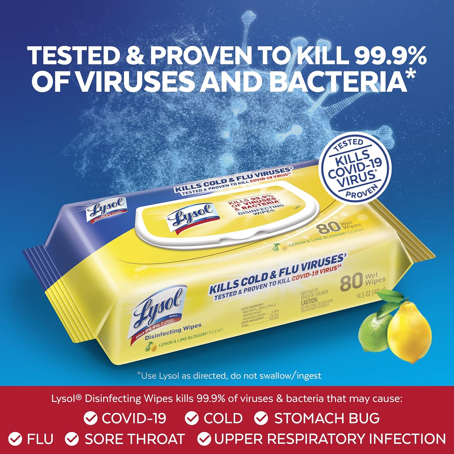 Lysol Disinfectant Cleaning Wipes, Lemon and Lime Blossom, 320 Count (Pack of 4) and Mucinex Fast-Max Day Cold & Flu & Night Severe All in One, 40 caplets (24 Daytime, 16 Nighttime) Pack of 2 G9538