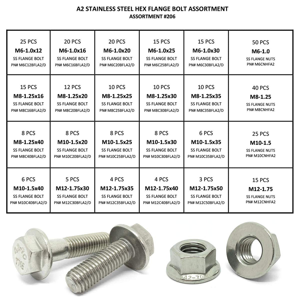 343 Pcs Metric Stainless Steel Hex Flange Screws Bolts Nuts Assortment Kit M50036
