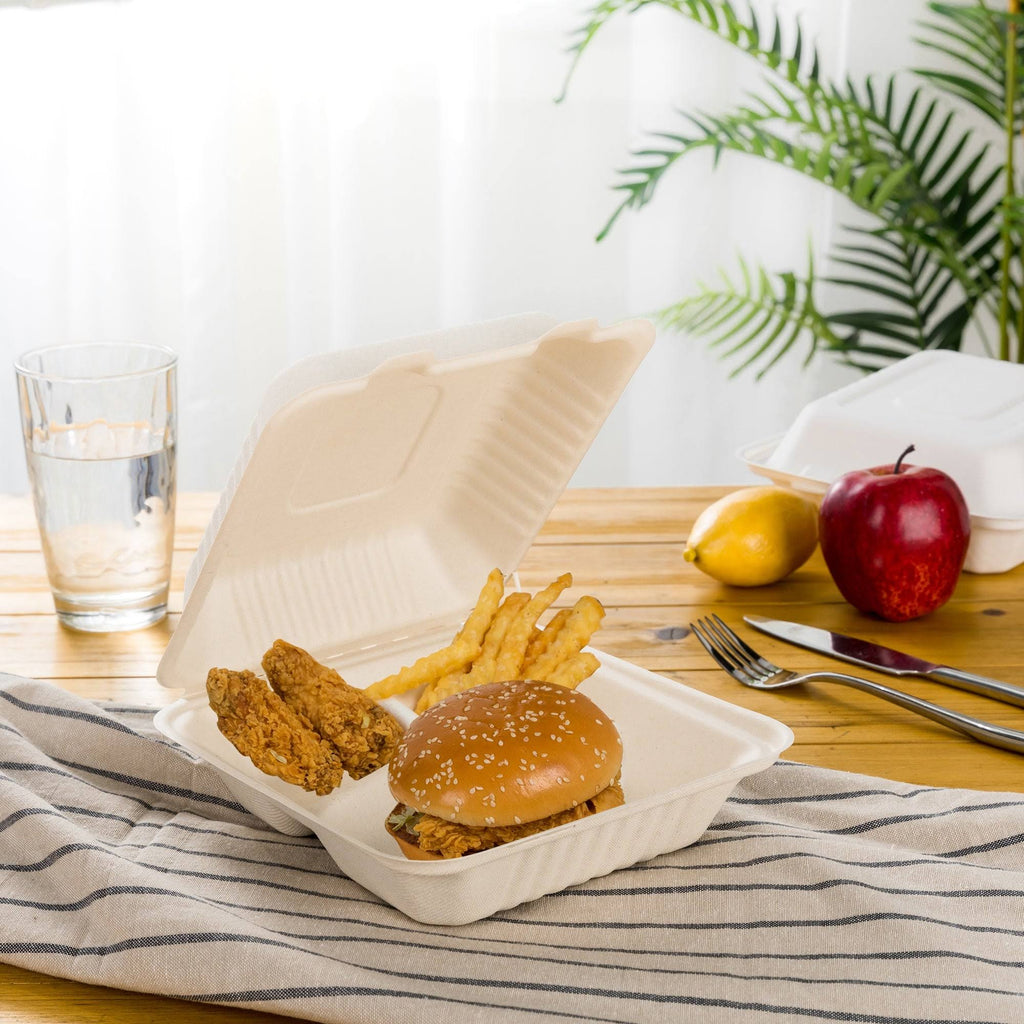 10 inch Natural Compostable Sugarcane Sectional Clamshell Containers, 300 Pack V630