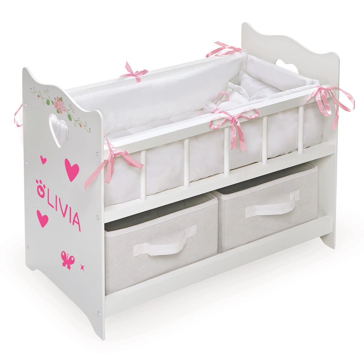 White Rose 100% Polyester Fabric Doll Crib with Two Baskets T96341