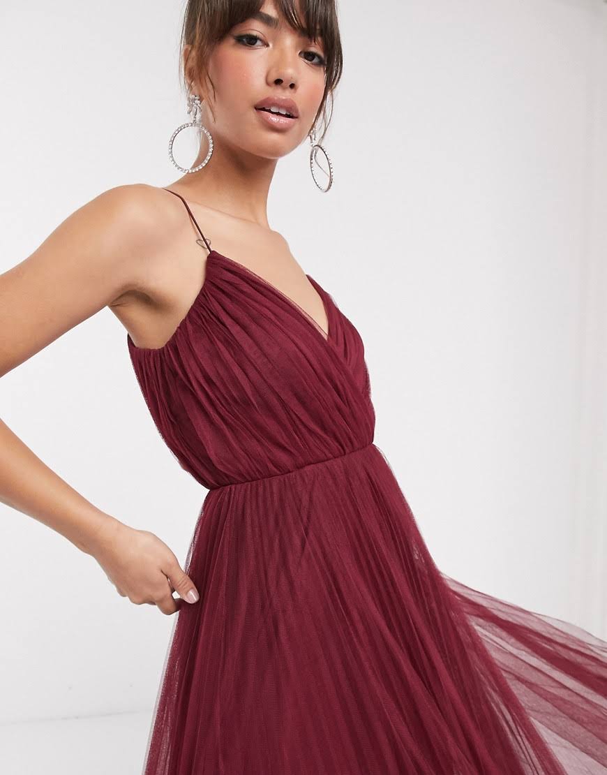 Oxblood-Red Pleated Tulle Maxi Dress U601345