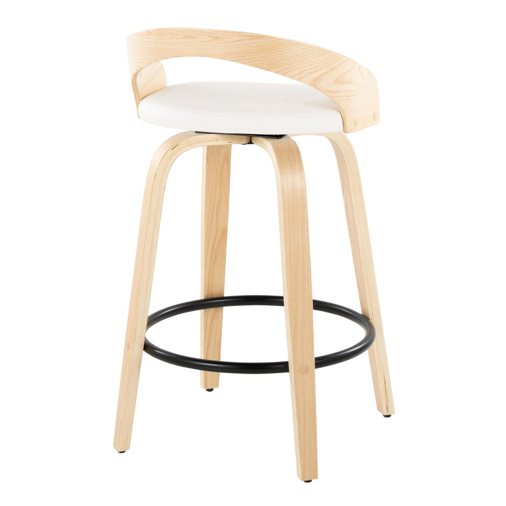26" Counter Stool with Swivel in Natural Wood and White Faux Leather with Round Black Metal Footrest - Set of 2 V19395