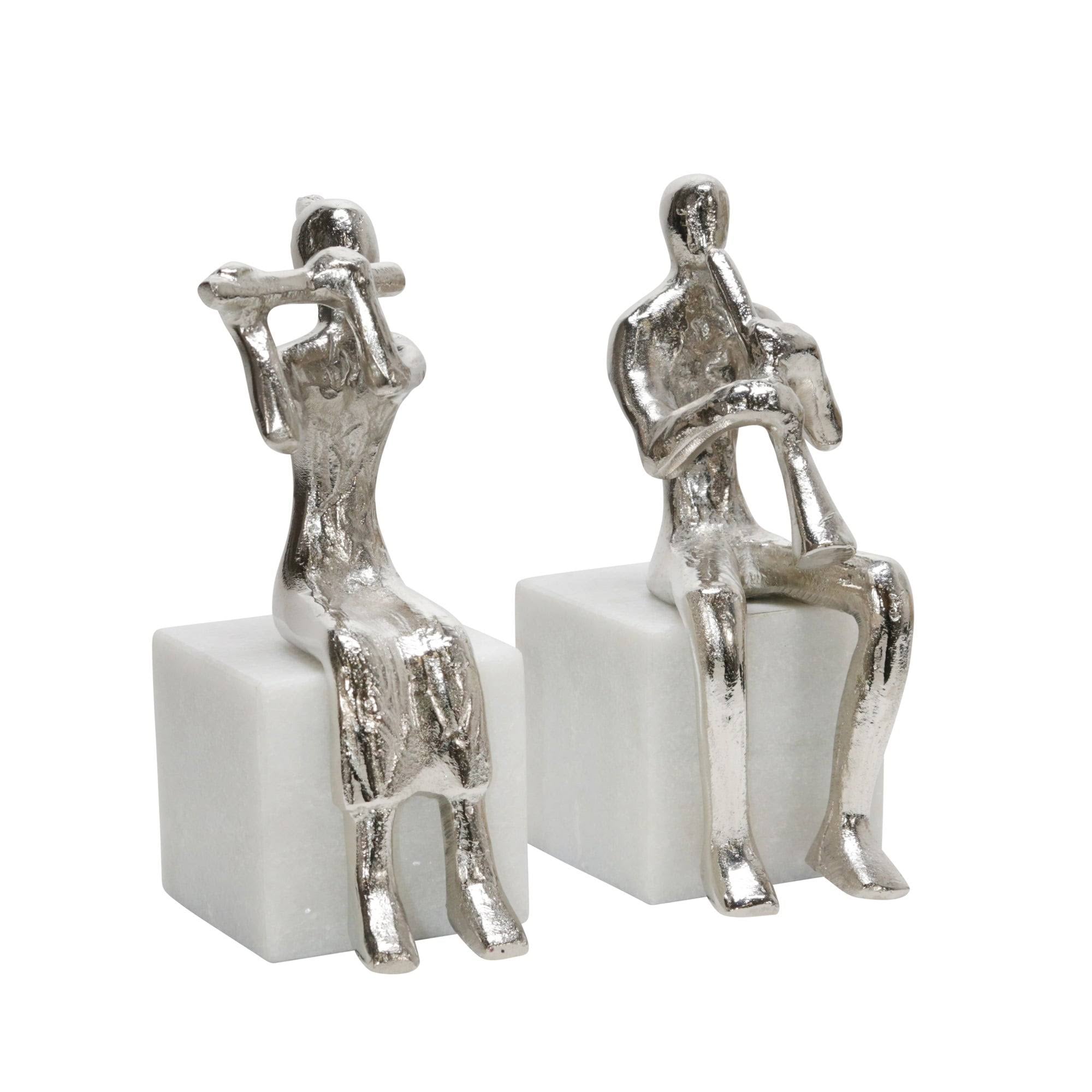 Metal Musicians on Marble Base Silver - Set of 2 F711