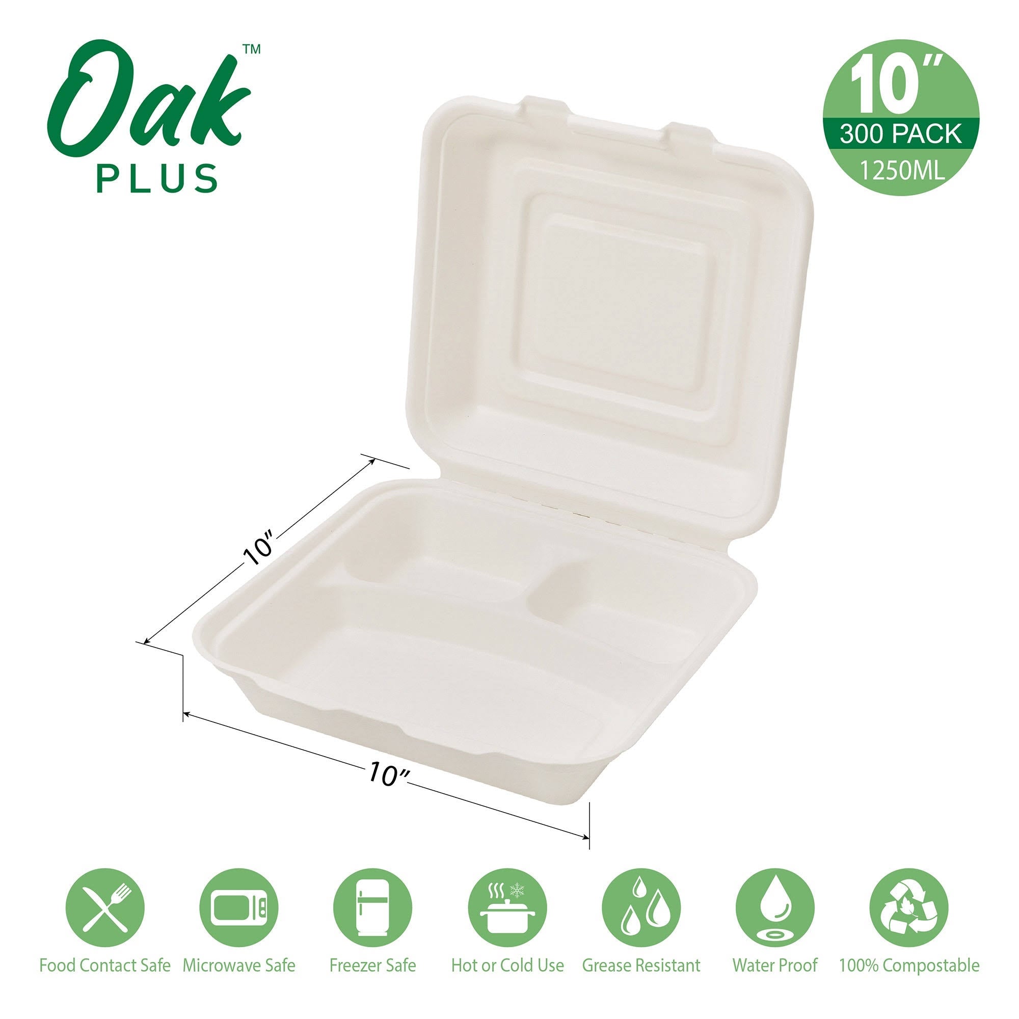 10 inch Natural Compostable Sugarcane Sectional Clamshell Containers, 300 Pack V630
