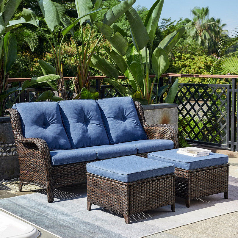 3-Piece Patio Conversation Set with Cushioned Sofa and Ottomans G665362