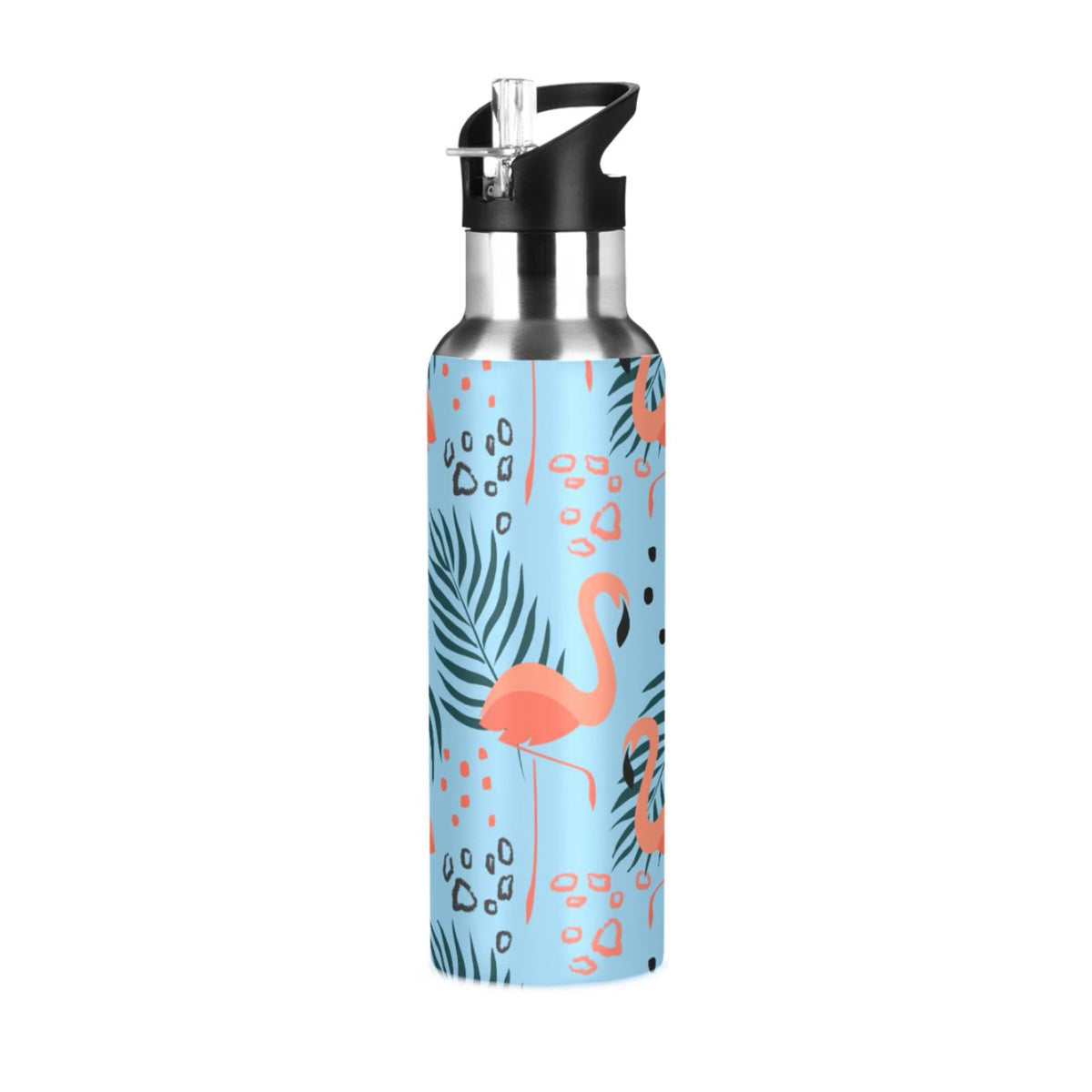 Tropical Leaves Flamingo Insulated Stainless Steel Water Bottle with Straw Lid 20 oz B9170