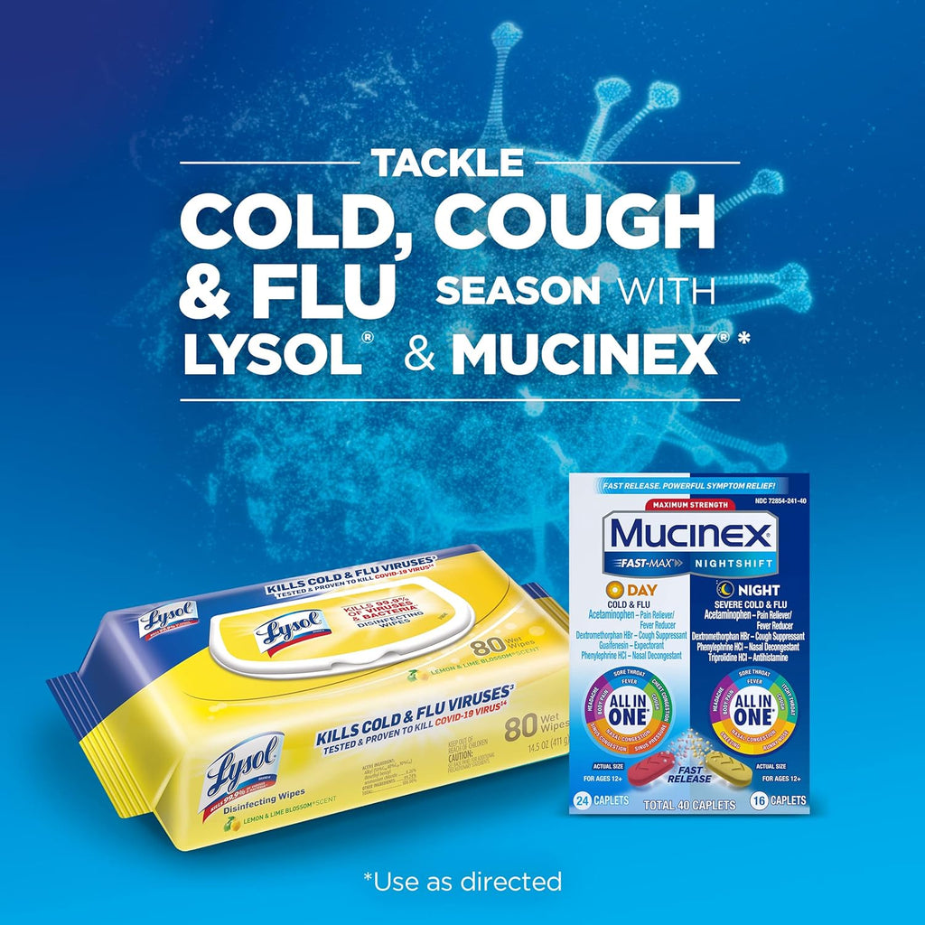 Lysol Disinfectant Cleaning Wipes, Lemon and Lime Blossom, 320 Count (Pack of 4) and Mucinex Fast-Max Day Cold & Flu & Night Severe All in One, 40 caplets (24 Daytime, 16 Nighttime) Pack of 2 G9538