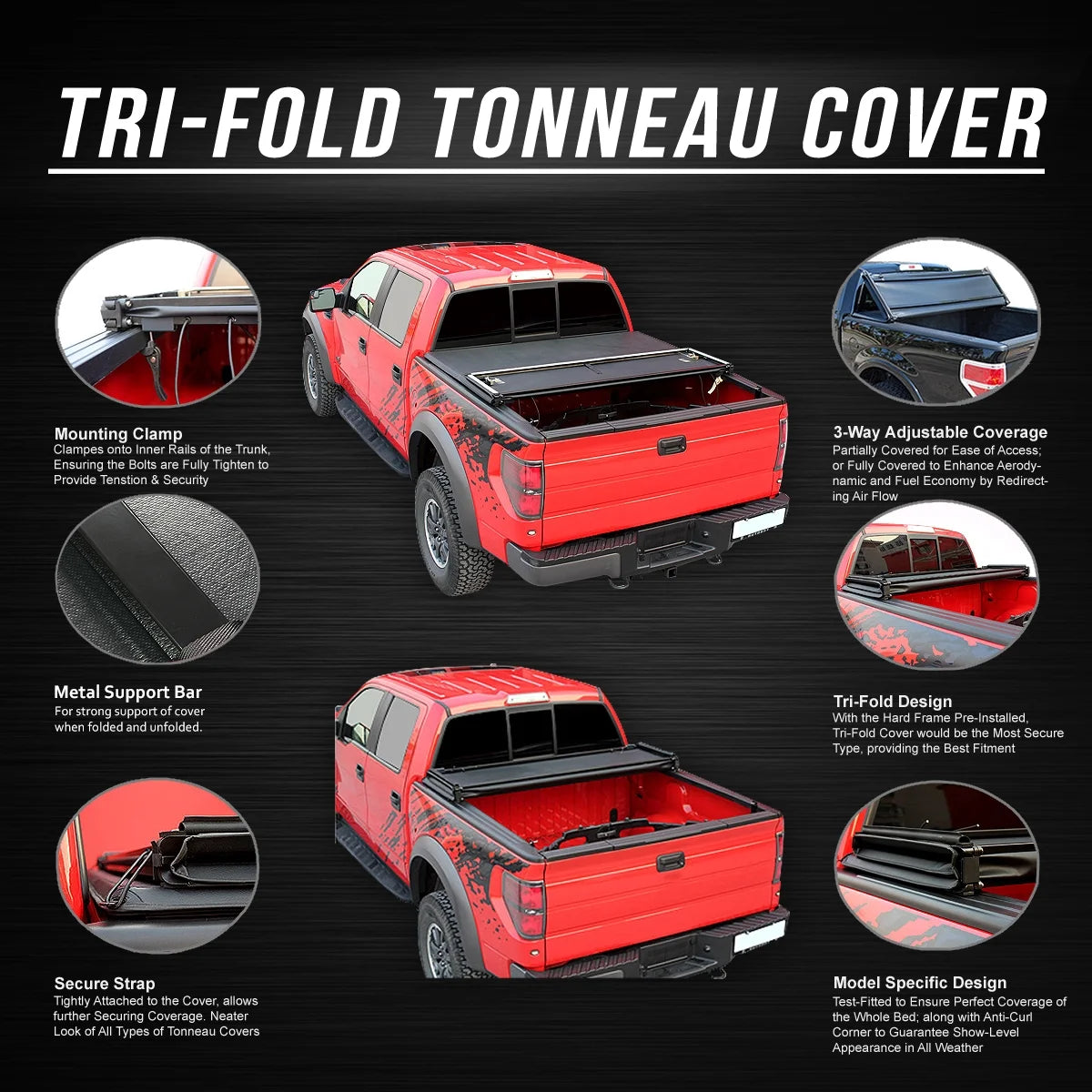 Tri-Fold Soft Top Tonneau Cover for Ford F250 F350 Super Duty 6.5' Bed O137