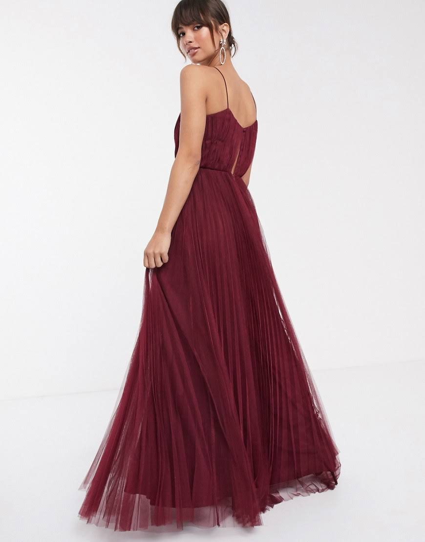 Oxblood-Red Pleated Tulle Maxi Dress U601345
