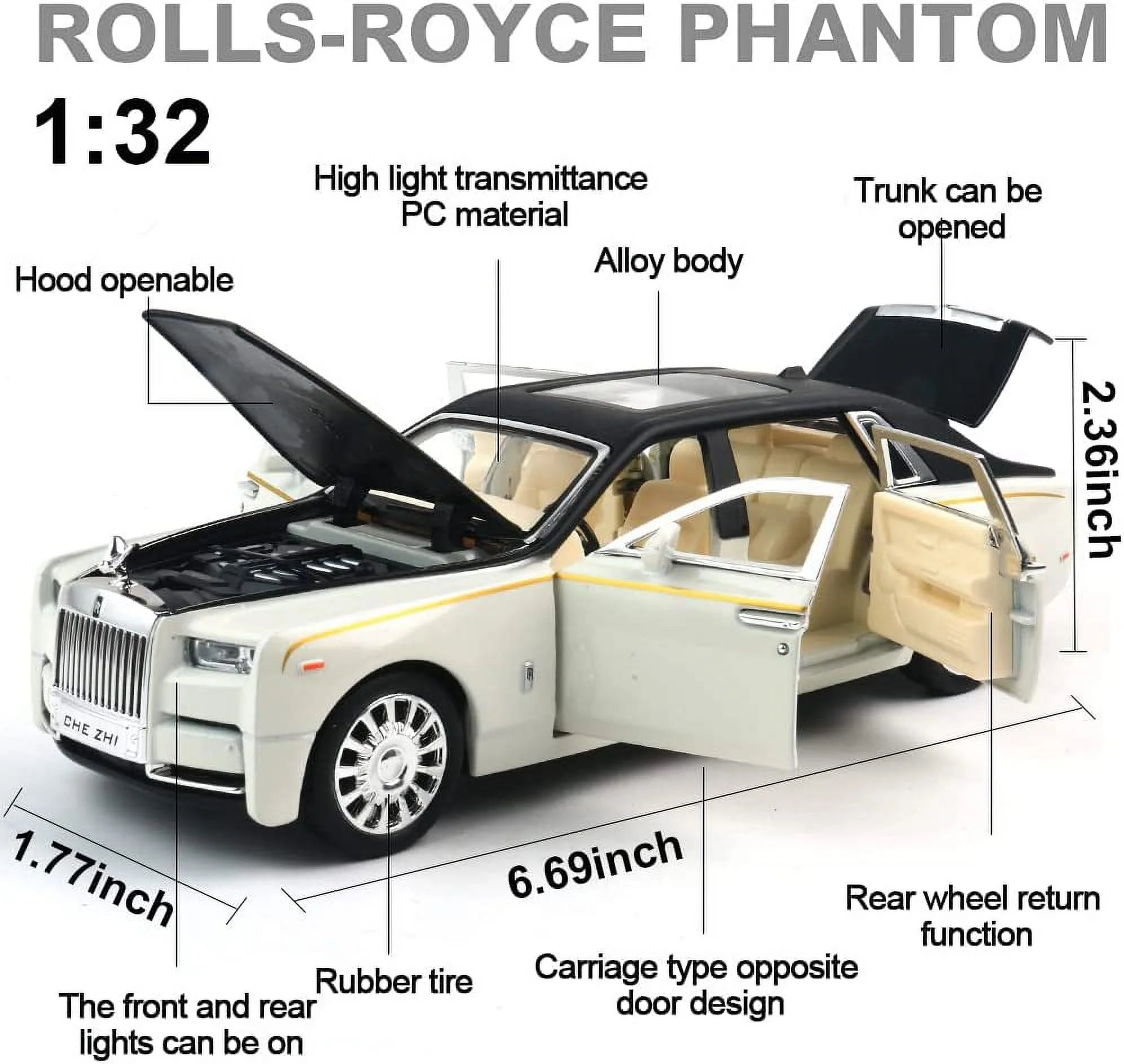 Diecast Cars 1:32 Scale Rolls-Royce Phantom Model Car, Zinc Alloy Pull Back Toy Car with Sound and Light I42776