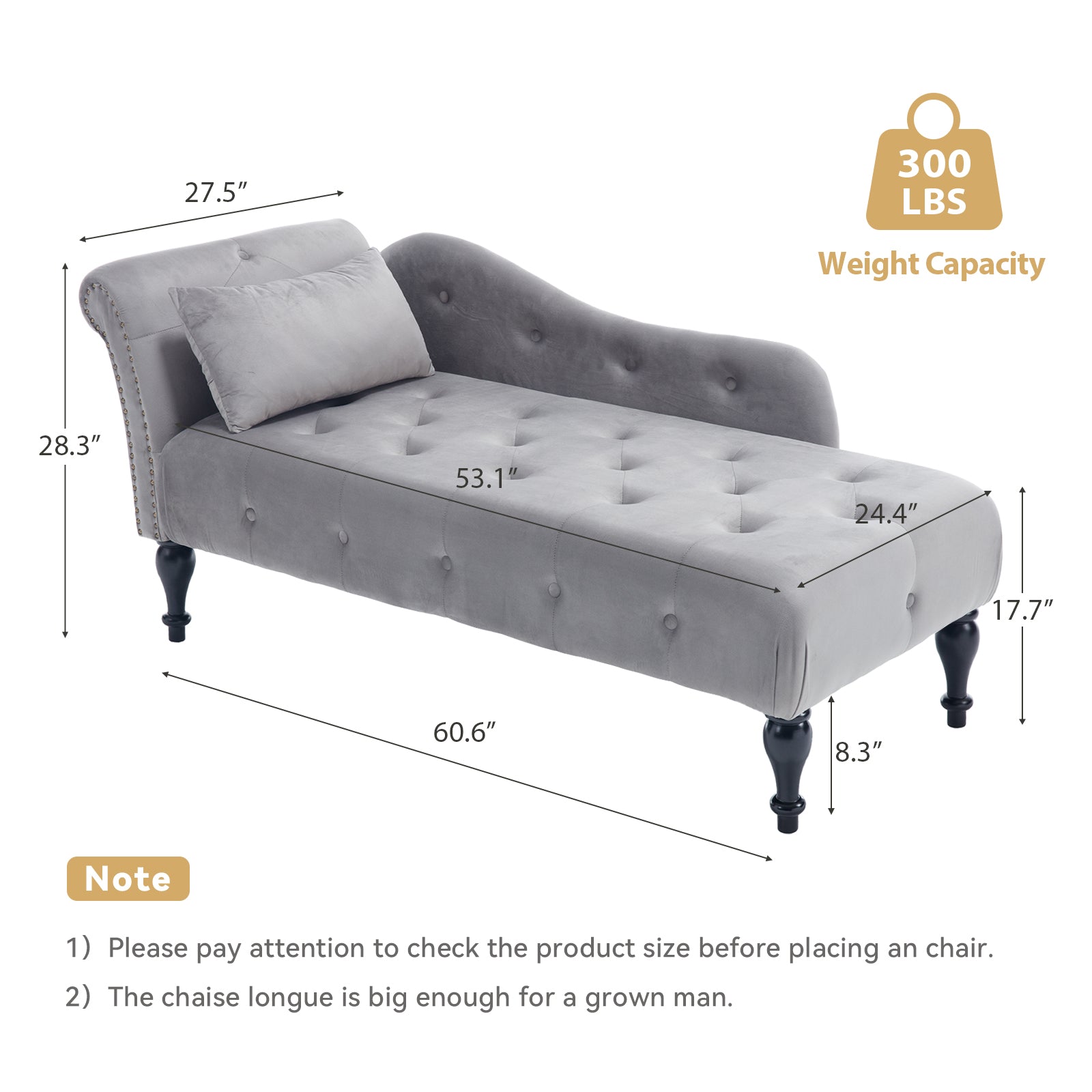 Tufted Velvet Chaise Lounge Chair with Nailhead Trim U467