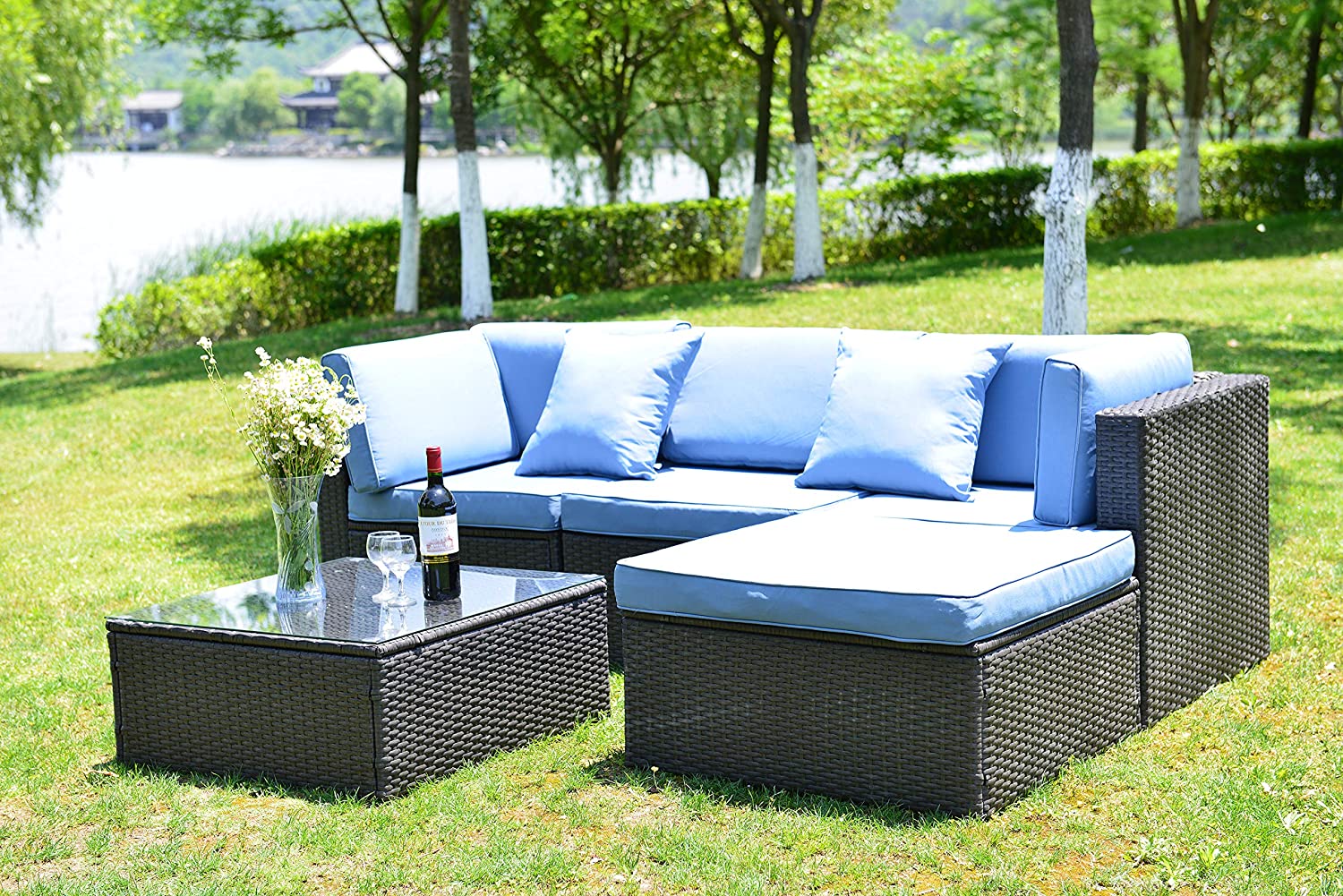 Outdoor Patio Furniture Sets Sectional Wicker Couch Conversation Sofa Seating 5PCS E962700