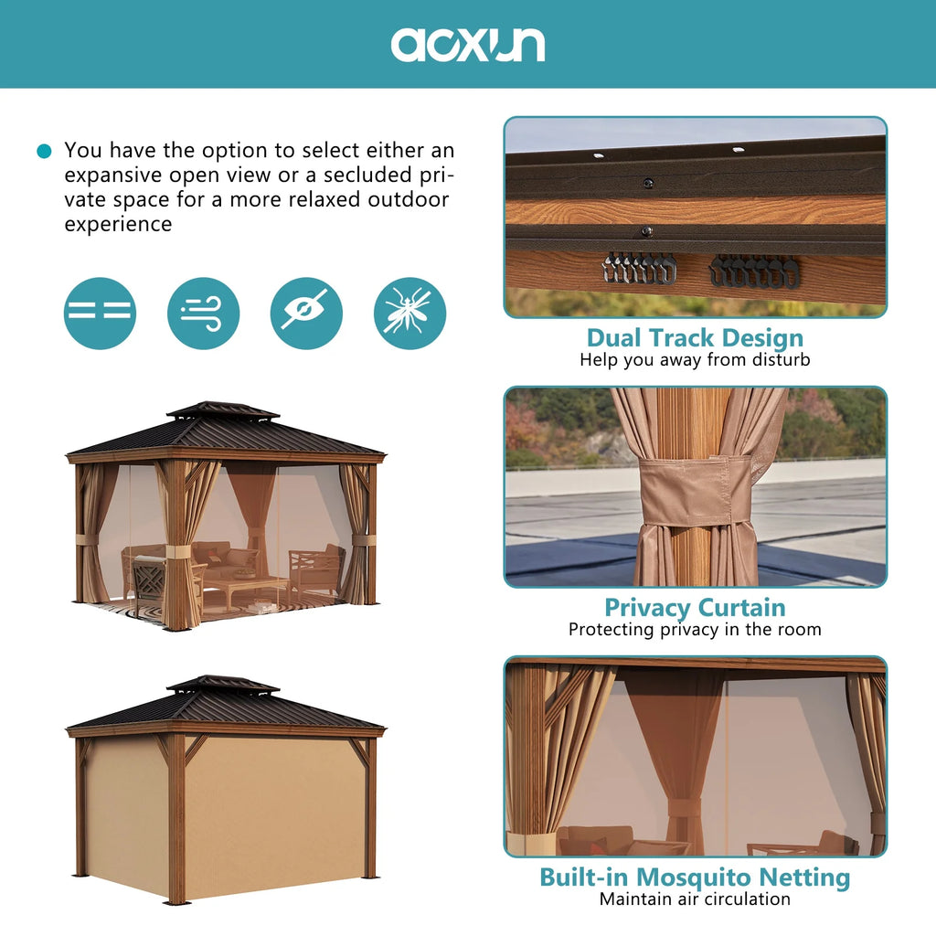 10x12FT Aluminum Frame Hardtop Gazebo with Netting and Curtains U510