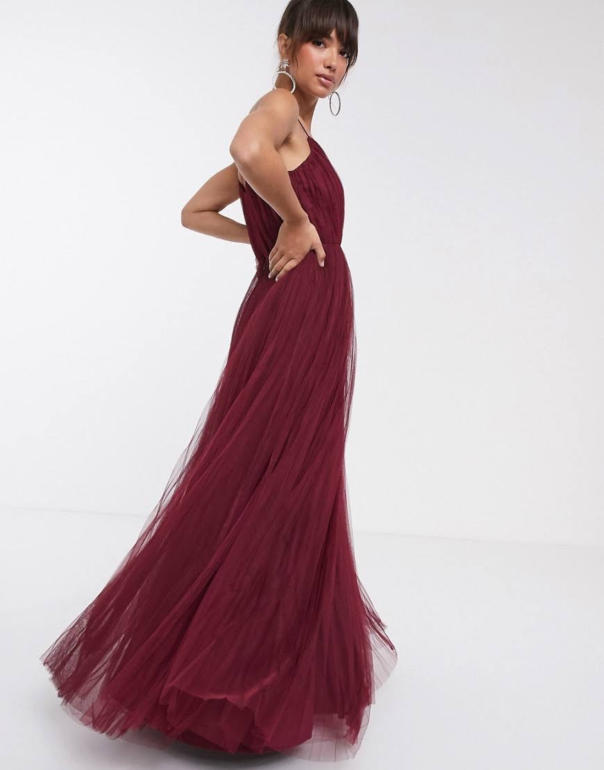 Oxblood-Red Pleated Tulle Maxi Dress U601345