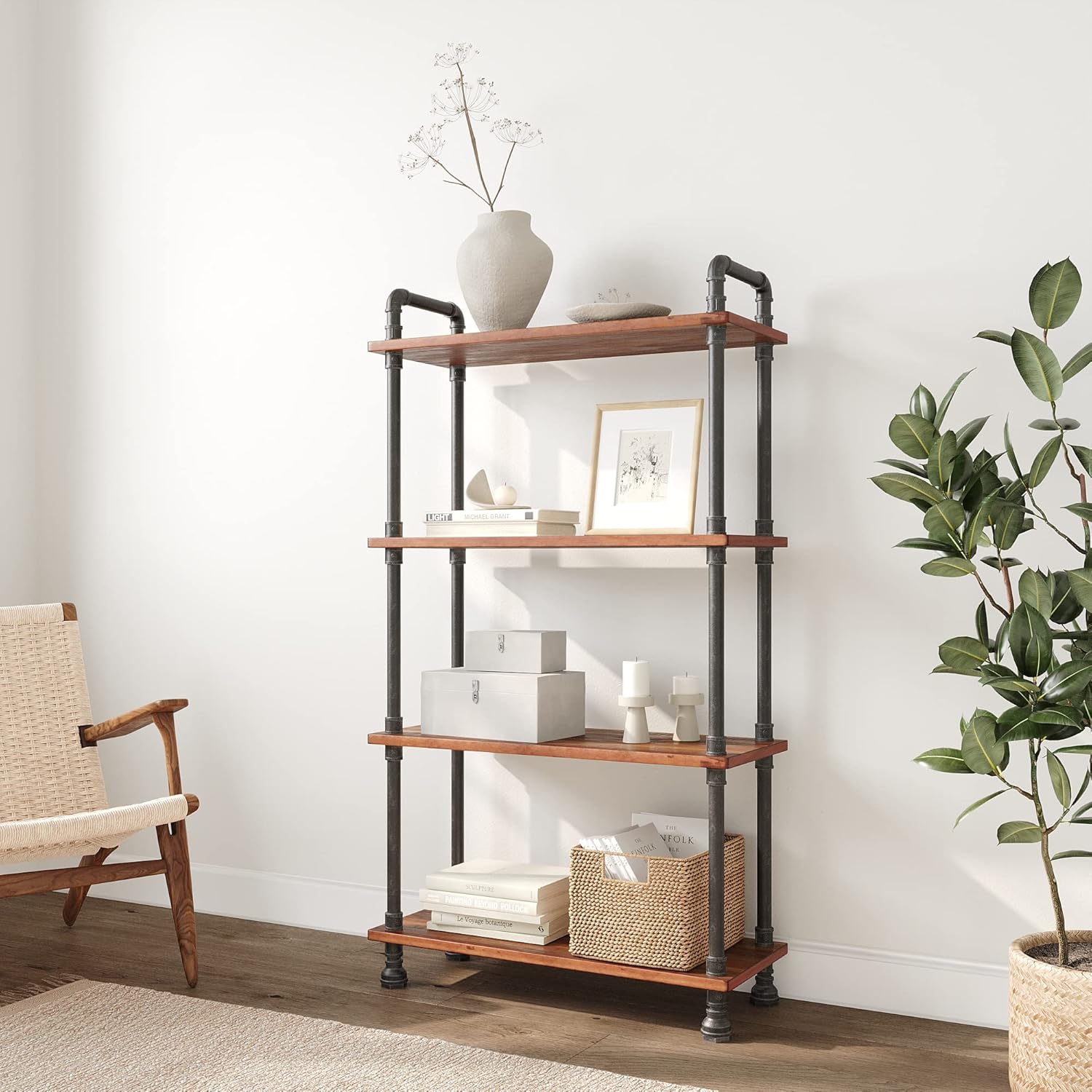 Brown Solid Pine 4-Tier Bookcase S989534