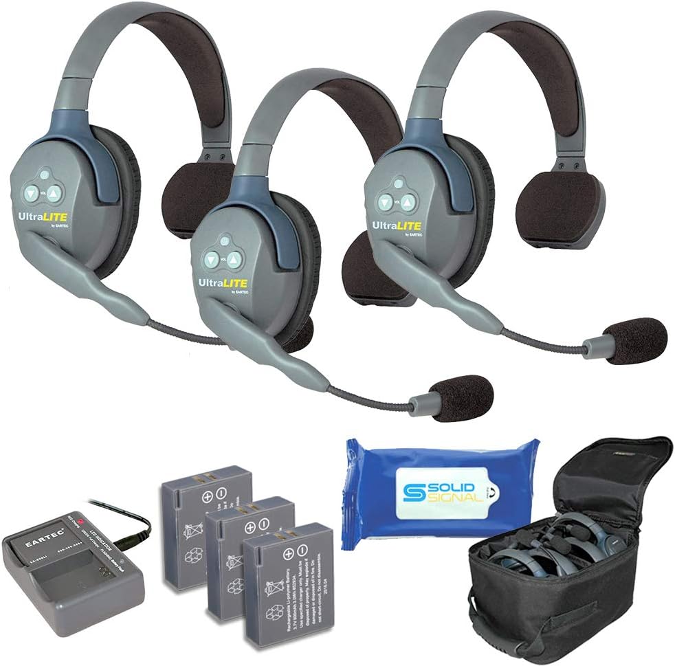 UL5S Ultralite Full Duplex Wireless Headset Communication for 5 Users - 5 Single Ear Headsets with Solid Signal Cleaning Wipes Bundle W53785