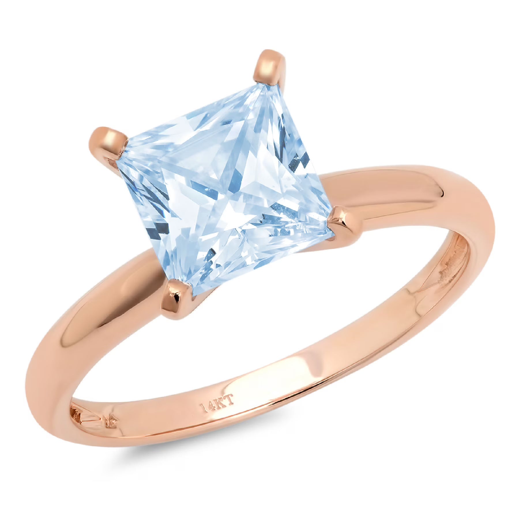 14k Rose Gold Princess Cut Blue Simulated Diamond Ring Size 11 F202
