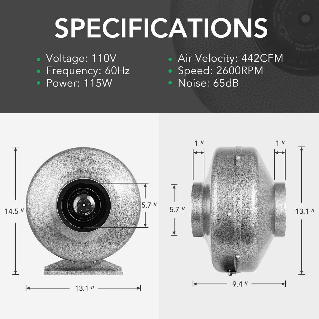 6 Inch 442 CFM Inline Fan Carbon Filter 16 Feet Ducting Combo with Variable Speed Controller Rope Hanger Temperature Humidity Monitor V3317