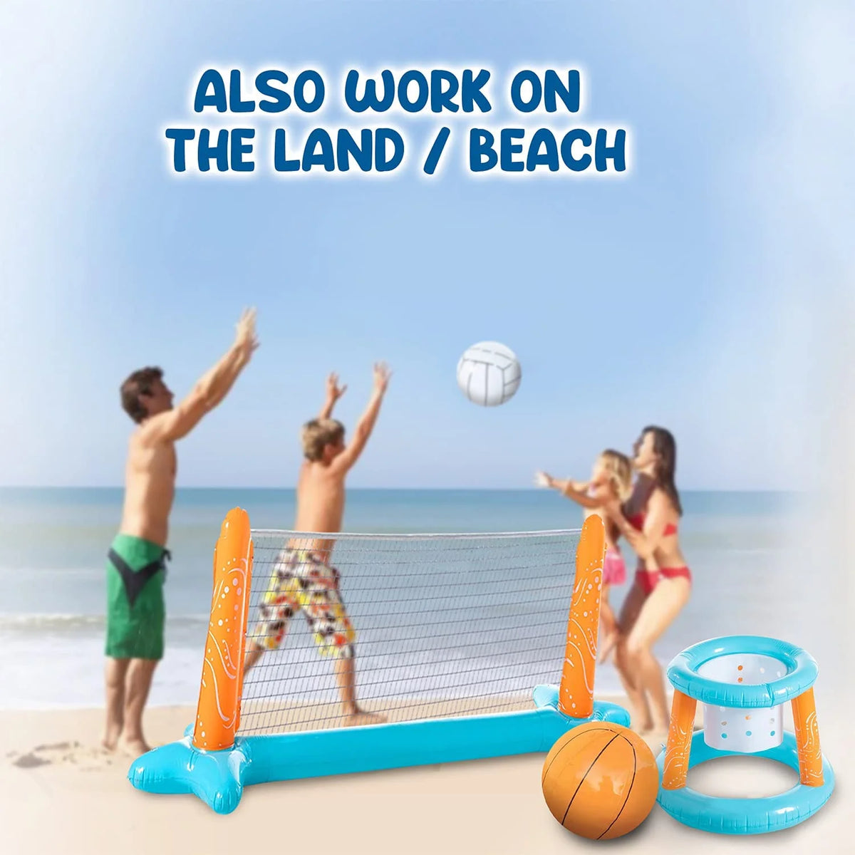 Inflatable Pool Basketball Hoop and Volleyball Set with Pool Net, Weight Bags, Light Blue V693920
