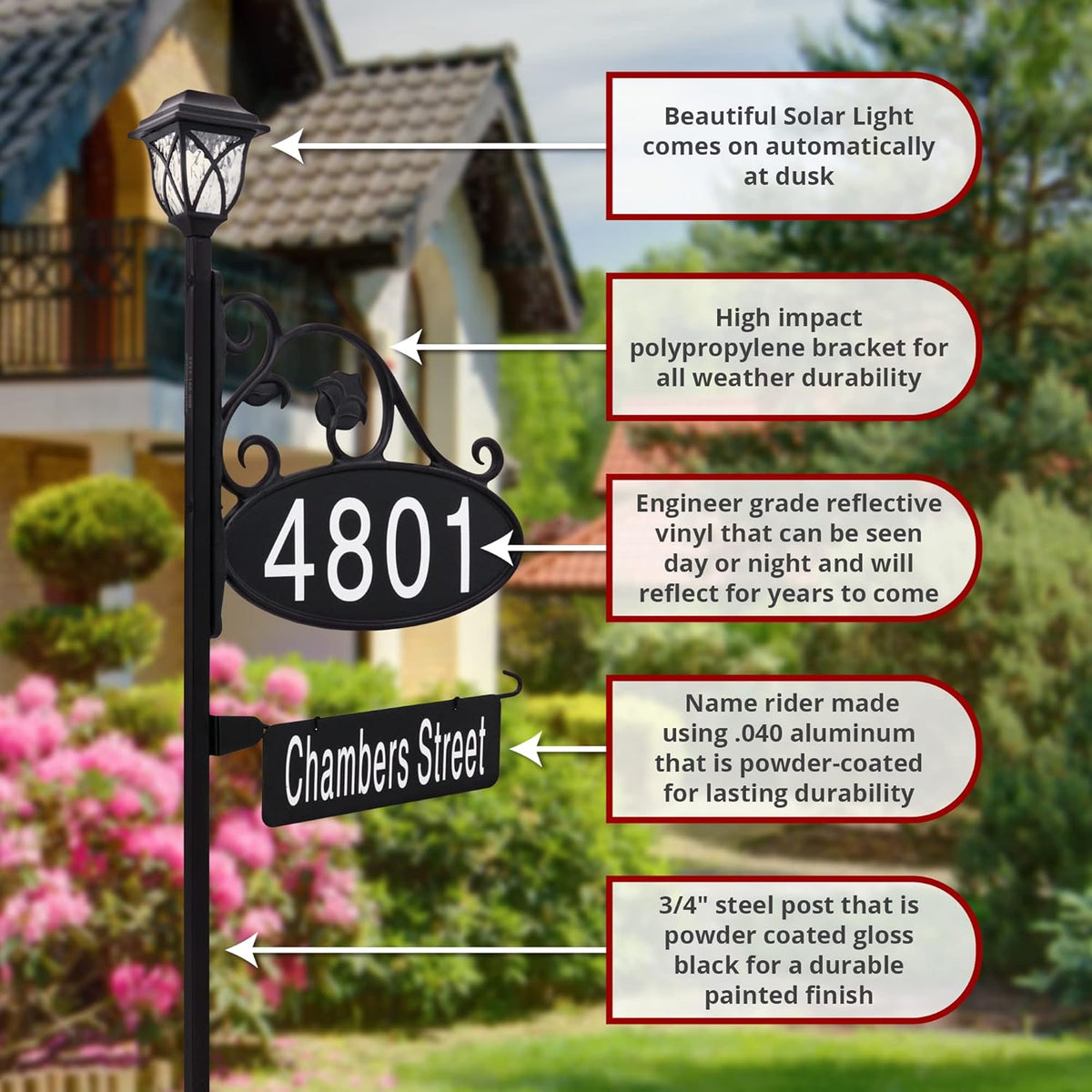 Handcrafted Oval Reflective Home Address Sign with Name Rider and Solar Light C166411