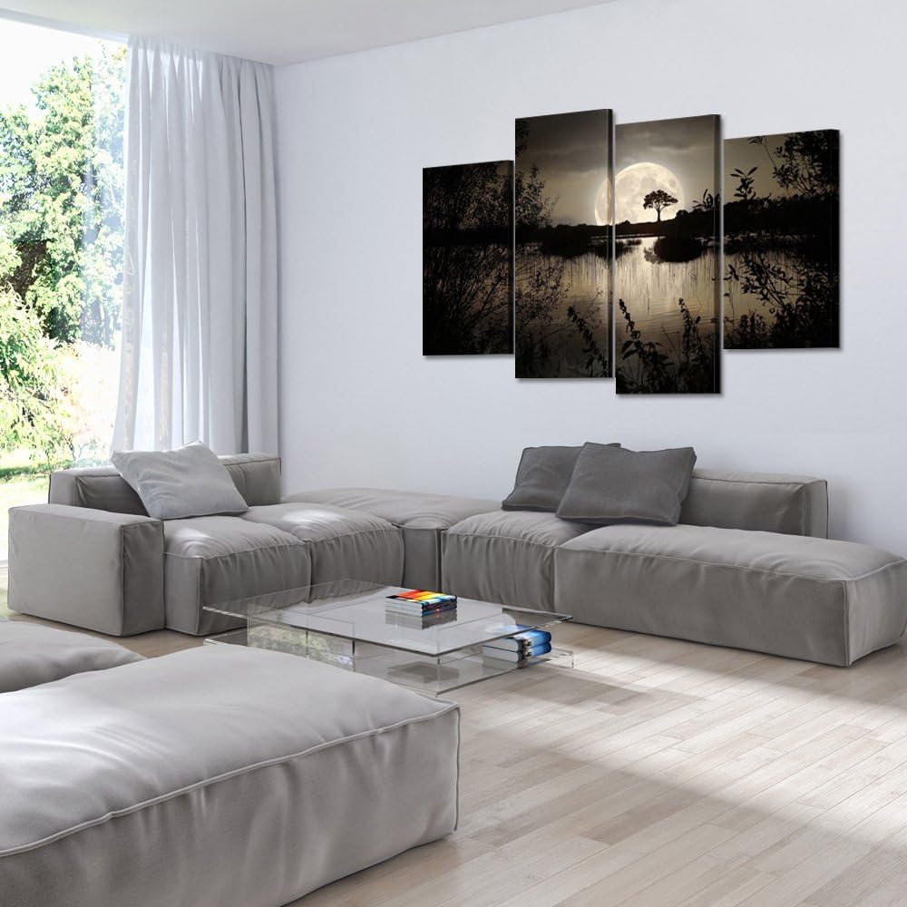 4 Pieces Canvas Prints Wall Art Big Moon Over Lake Dark Forest Modern Canvas Painting Landscape Picture Peaceful Jungle Poster Giclee Artwork Z459561