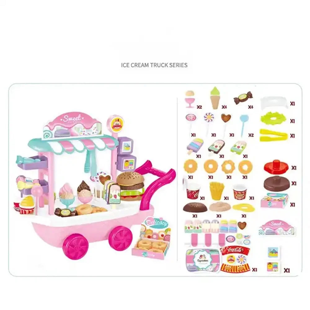 Dessert Candy Trolley Kitchen Toy Set with Umbrella Food Dishes Kids Educational Pretend Play Cooking Truck L23638