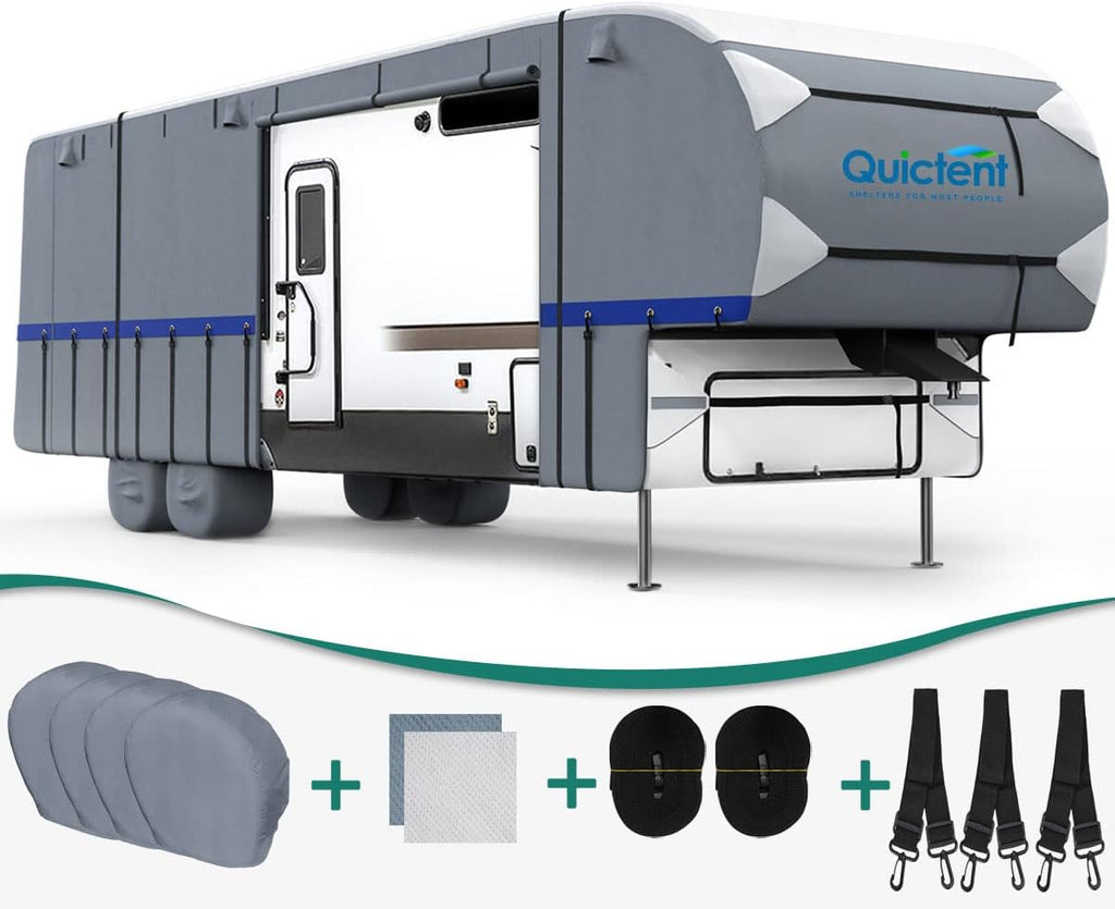 5th Wheel RV Cover, Extra-Thick 6-ply Camper Cover, Fits 26 - 29Ft Motorhome, Breathable Waterproof Rip-Stop Anti-UV, 2 Windproof Straps, 4 Tire Covers B7007