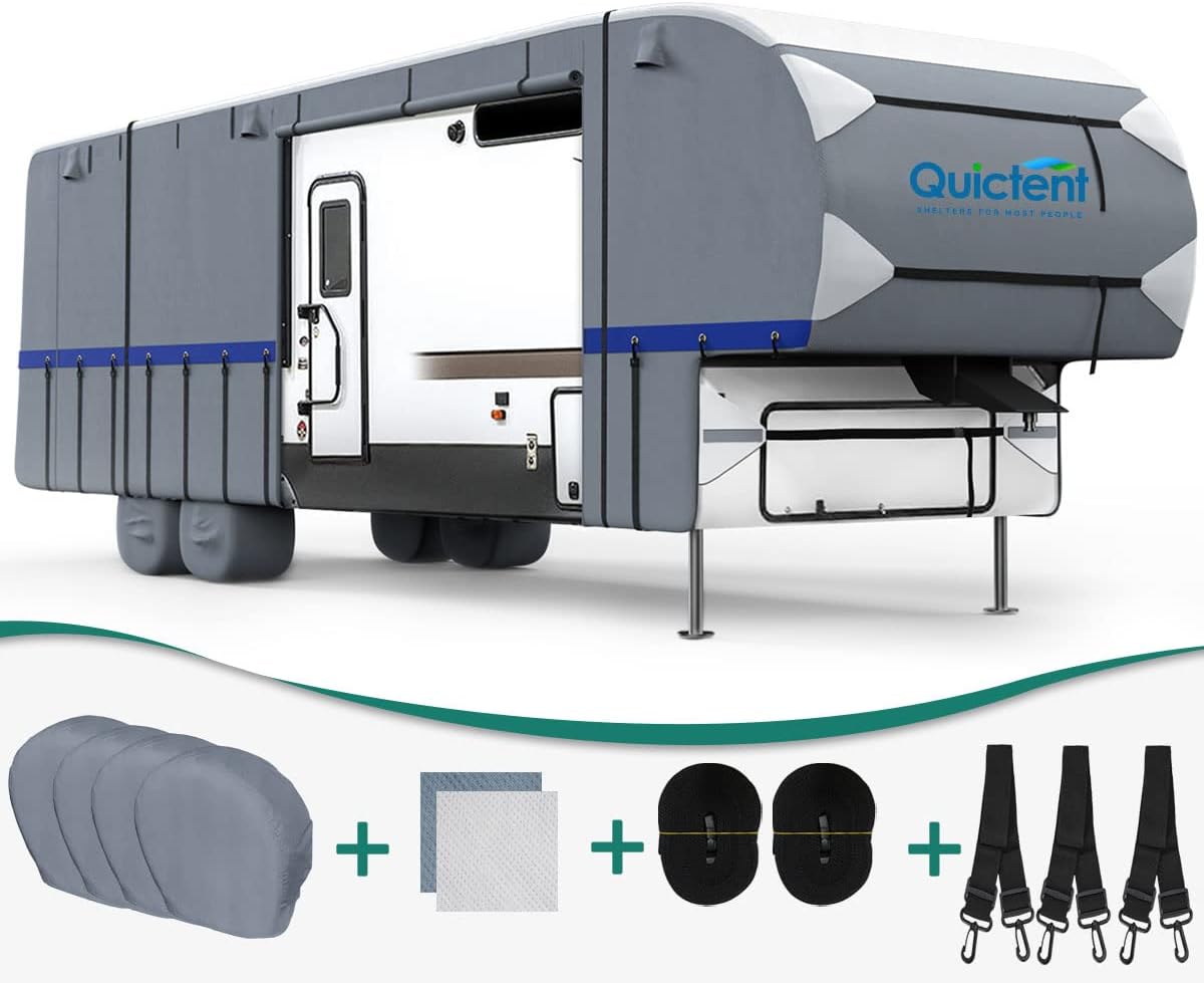 5th Wheel RV Cover, Extra-Thick 6-ply Camper Cover, Fits 26 - 29Ft Motorhome, Breathable Waterproof Rip-Stop Anti-UV, 2 Windproof Straps, 4 Tire Covers B7007