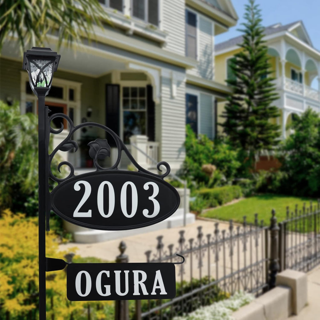 Handcrafted Oval Reflective Home Address Sign with Name Rider and Solar Light C166411