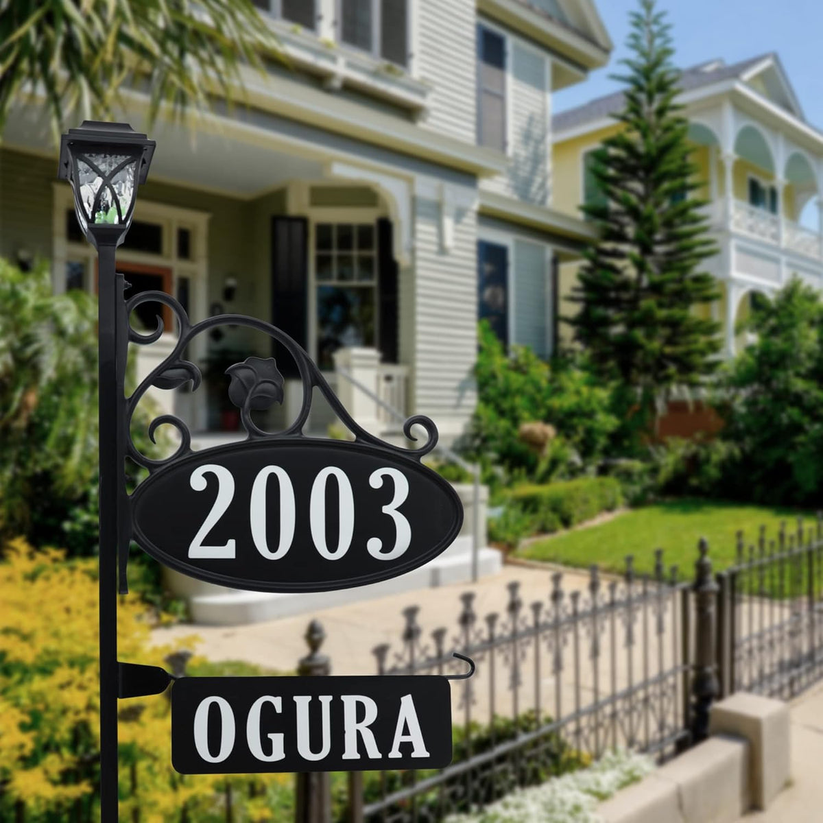 Handcrafted Oval Reflective Home Address Sign with Name Rider and Solar Light C166411