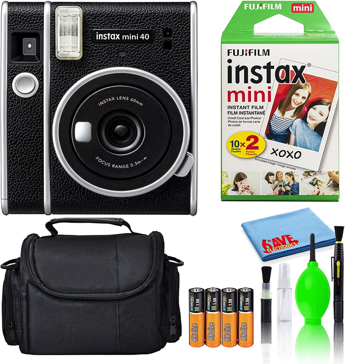 Instax Mini 40 Instant Film Camera (Black) Bundle with 20 Instax Mini Instant Film Shots + Padded Carrying Bag + 4 Rechargeable Batteries + Deluxe Cleaning Kit P571