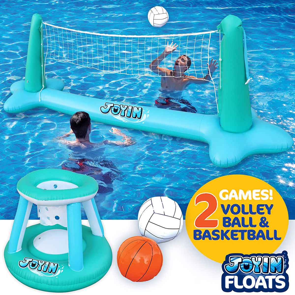 Inflatable Pool Float Set with Volleyball Net & Basketball Hoops Balls R65954