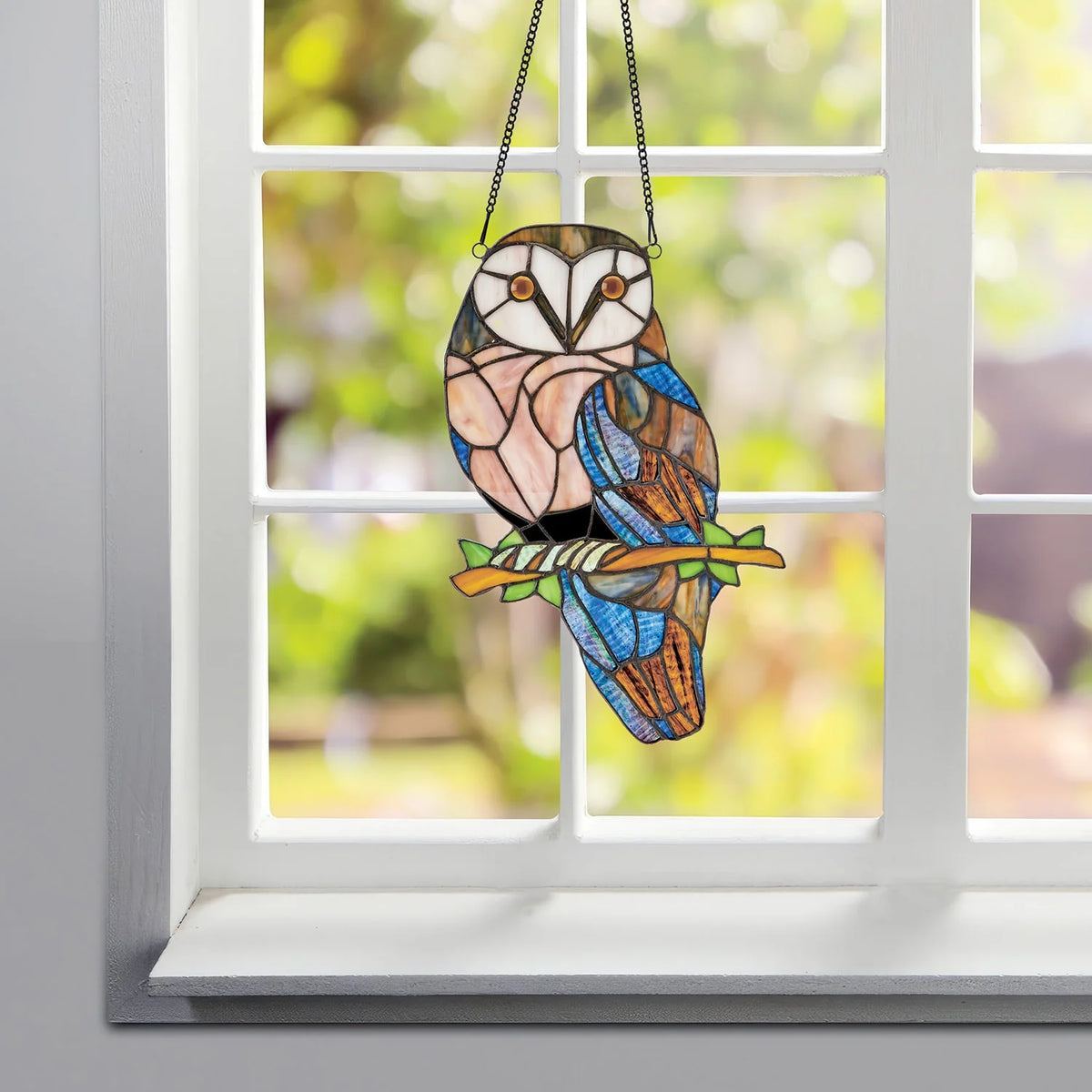 Owl Suncatcher Hanging Stained Glass Panel with Hanging Chain, 14"x 14" Q195
