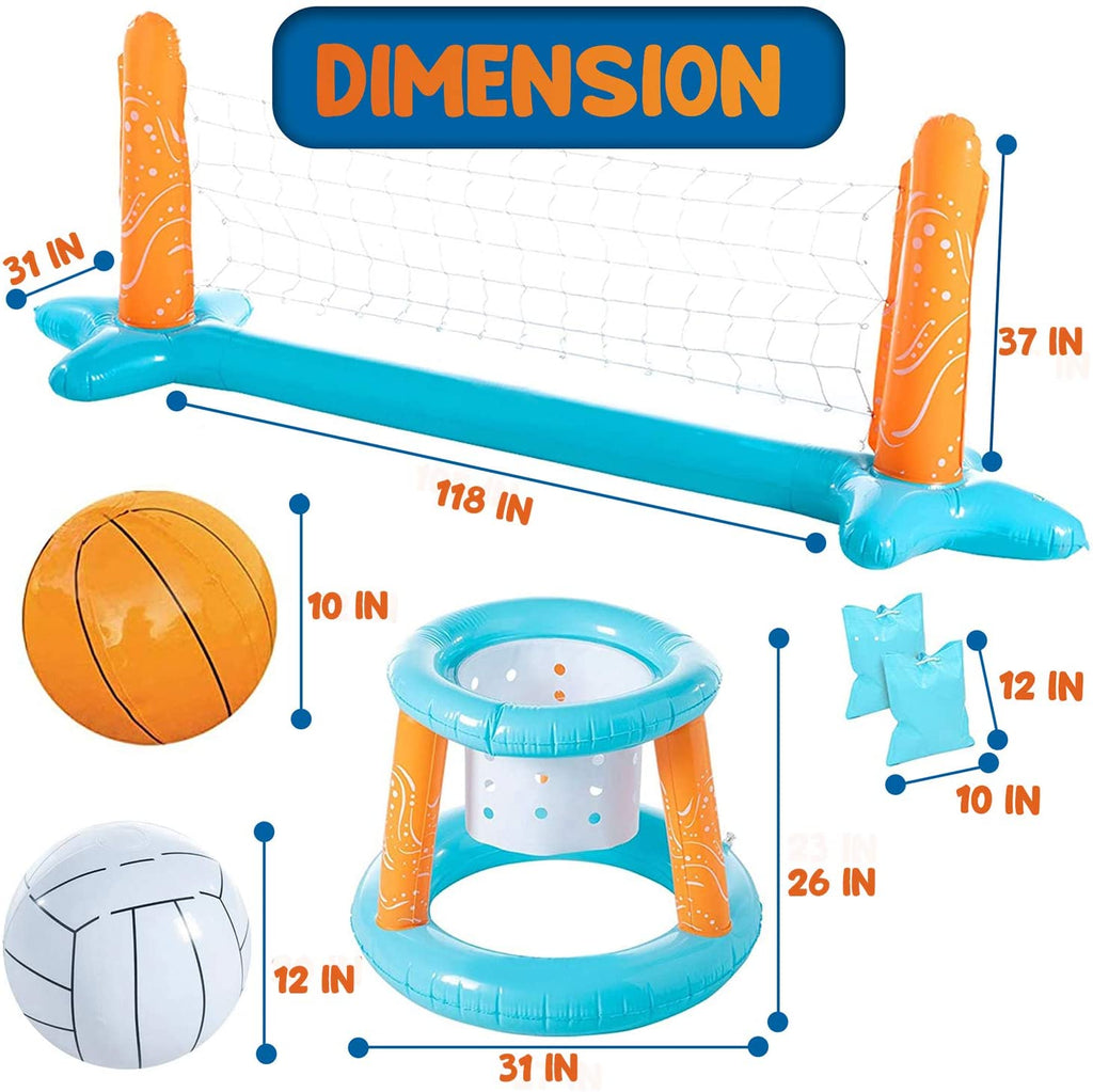 Inflatable Pool Basketball Hoop and Volleyball Set with Pool Net, Weight Bags, Light Blue V693920
