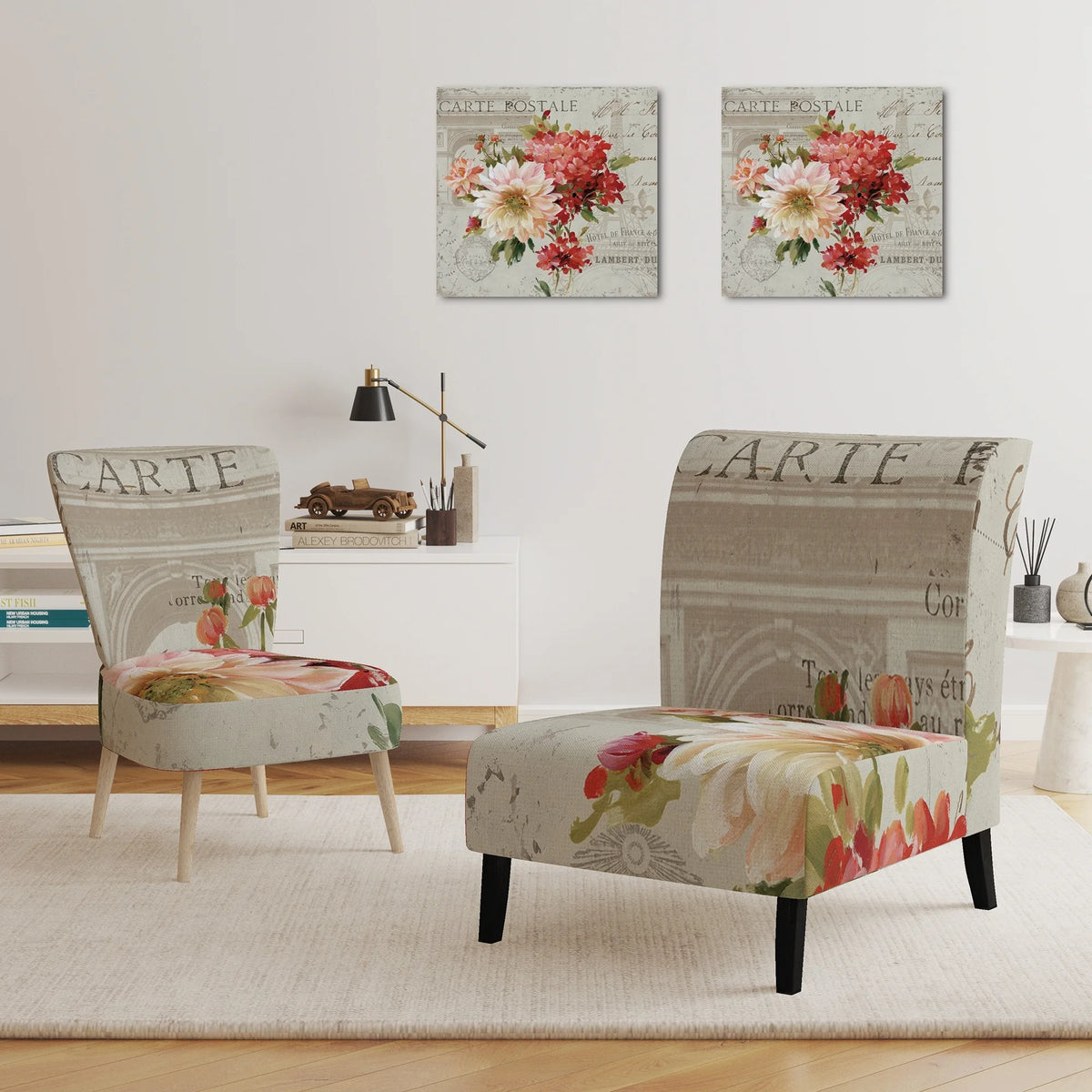 Red Painted Flowers On Vintage Postcard III Upholstered Accent Chair E49388