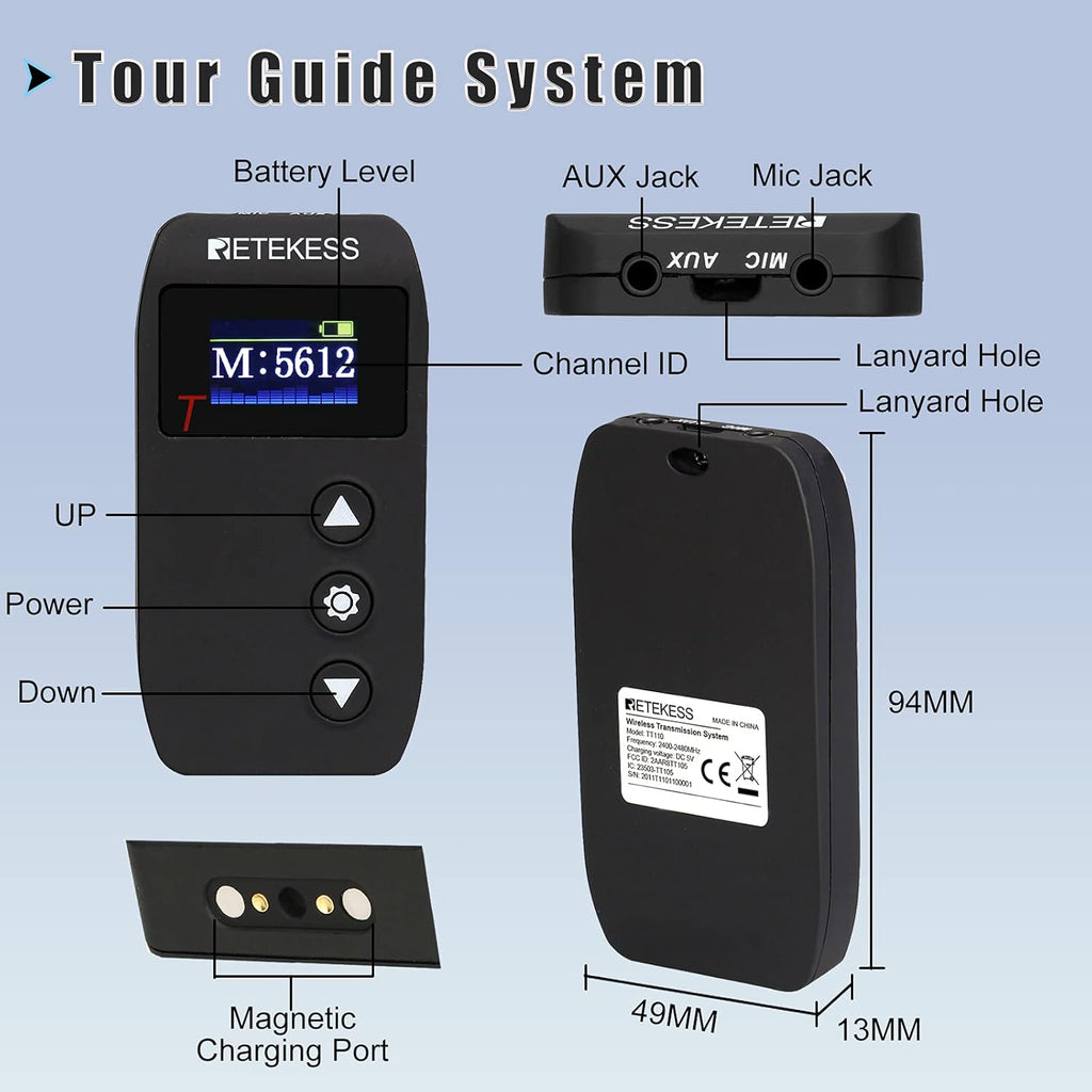 Wireless Tour Guide System with Magnetic Charging, 328ft Long Range, AUX MIC Dual Input Y58109