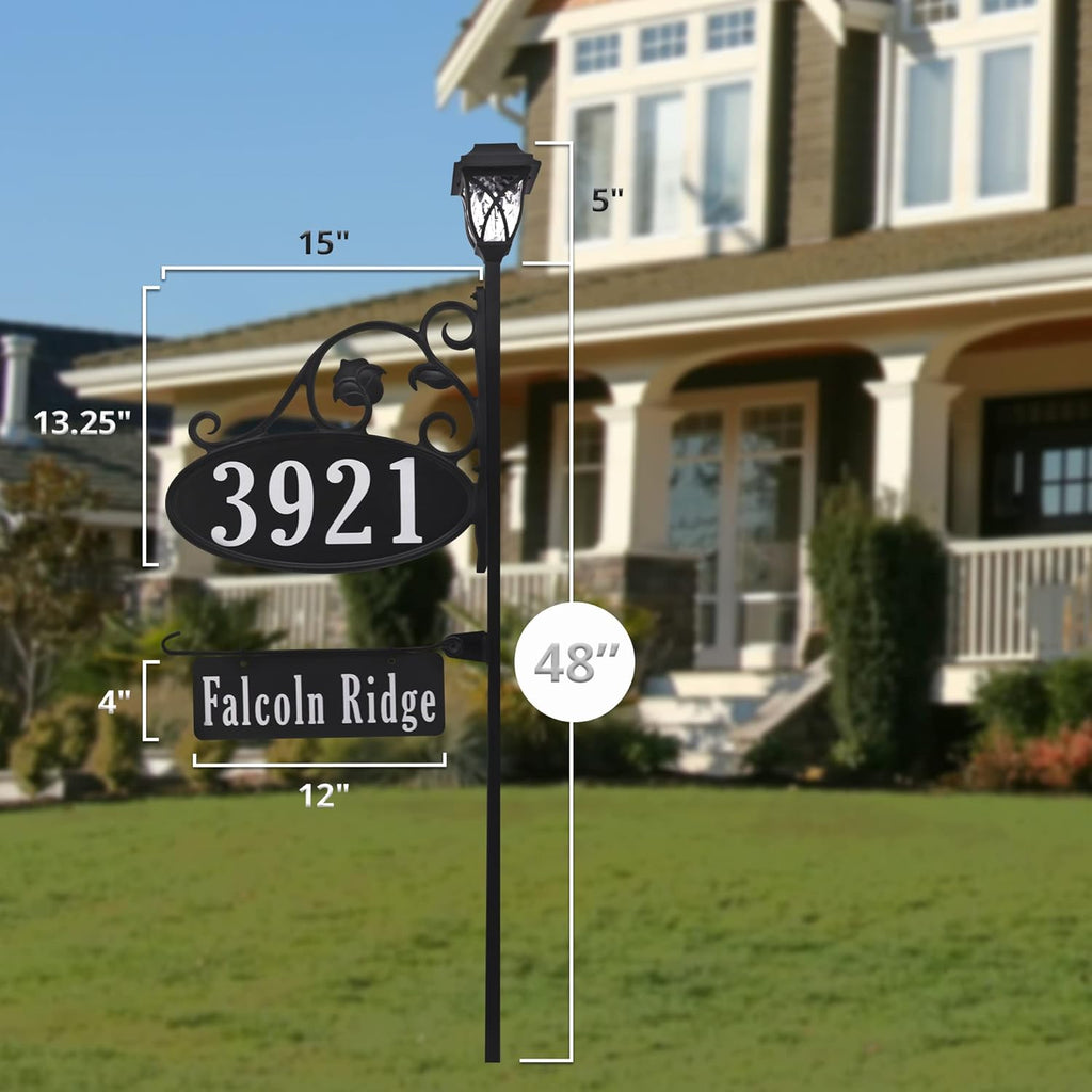 Handcrafted Oval Reflective Home Address Sign with Name Rider and Solar Light C166411